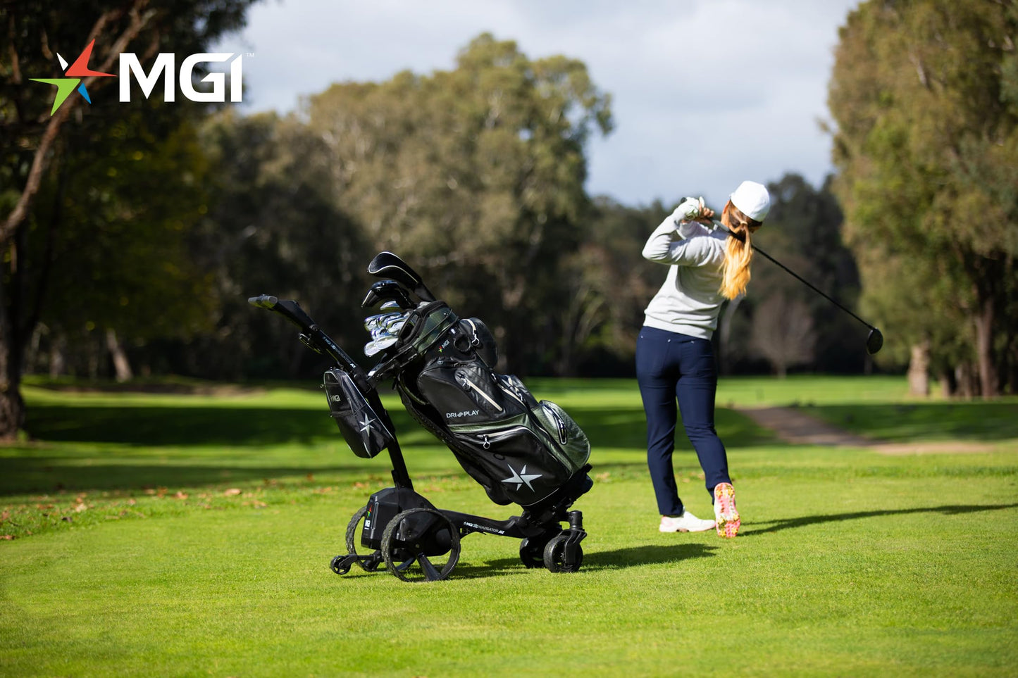 MGI Zip Navigator All Terrain Electric Golf Cart - 36 Hole Battery - Remote Control - Accessories Included (Drink, Umbrella, & GPS-Phone Holer), Gloss Black-Matte Black