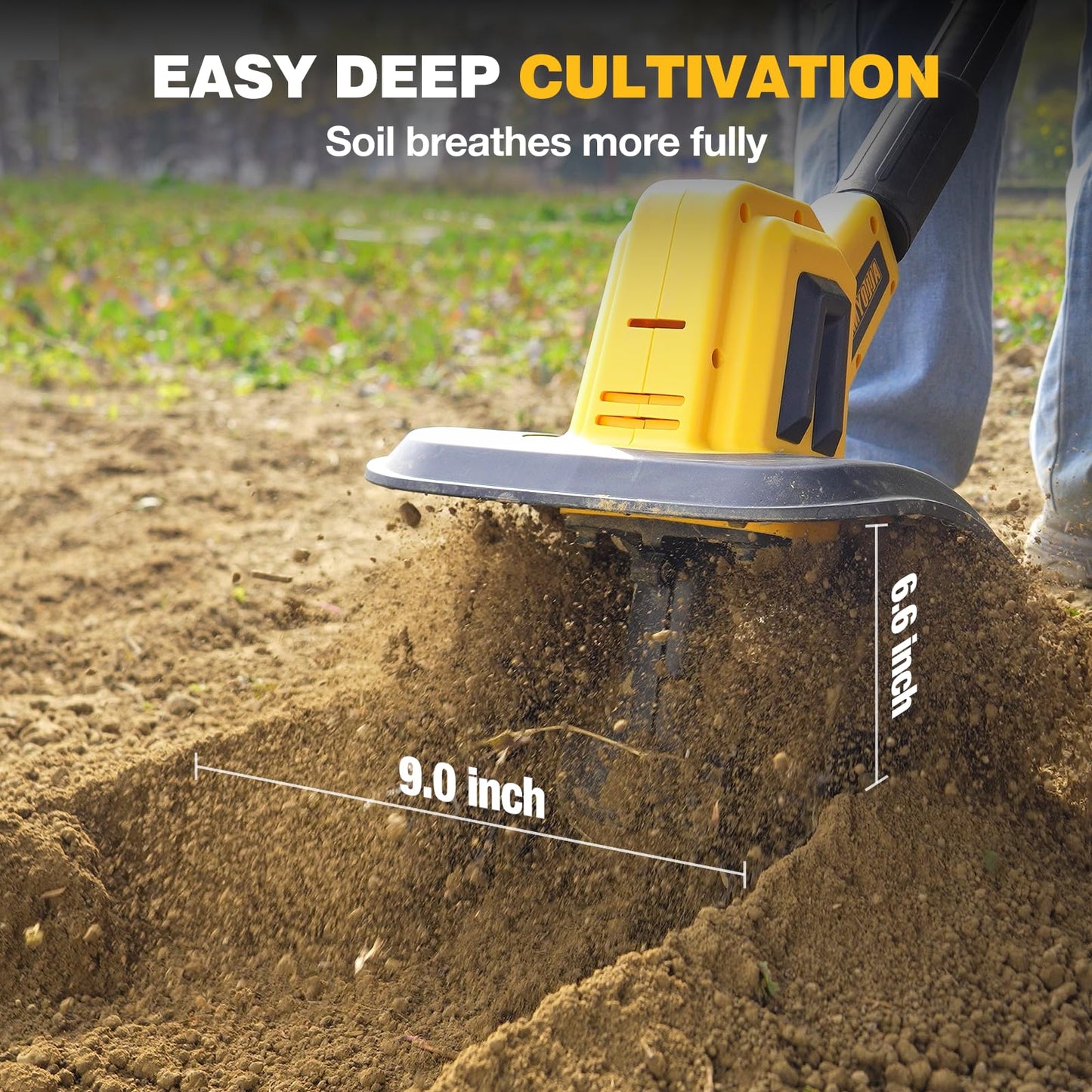 Alloyman 20V Cordless Tiller Cultivator, 360RPM Electric Garden Tiller, with 2 * 2.0Ah Batteries & Charger, 9In Tilling Width and 6.6In Depth Garden Rototiller for Lawn/Gardening/Soil Cultivation