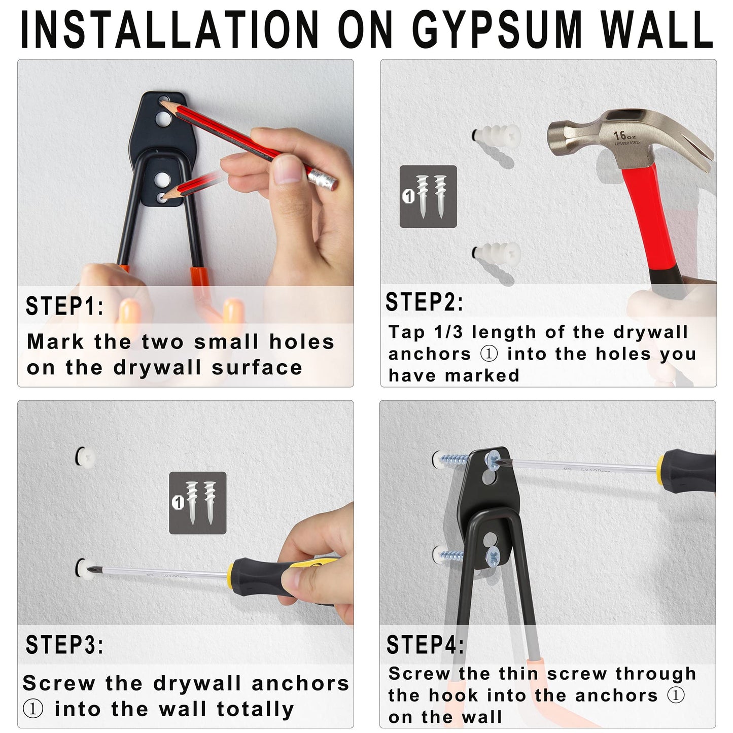 Steel Garage Storage Hooks - 16 Pack Anti-Slip Coating, Heavy Duty Wall Mount Hooks for Hanging Bike, Ladder, Garden Tools