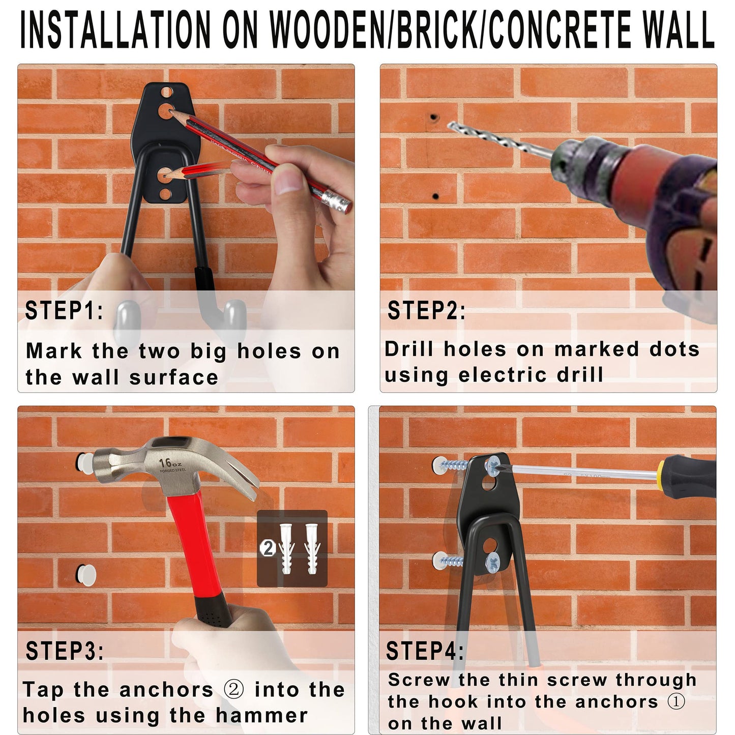 Steel Garage Storage Hooks - 16 Pack Anti-Slip Coating, Heavy Duty Wall Mount Hooks for Hanging Bike, Ladder, Garden Tools