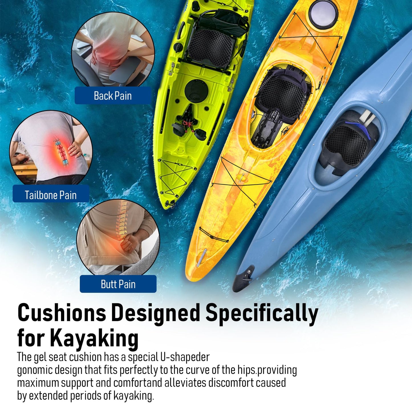 Kayak Seat Cushion, Thicken Anti Slip Waterproof Gel Kayak Seat, Portable Canoe Rowing Rubber Dinghy Pad for Stadium Sit in Kayak Inflatable Fishing Kayak Canoe Kayak Accessories