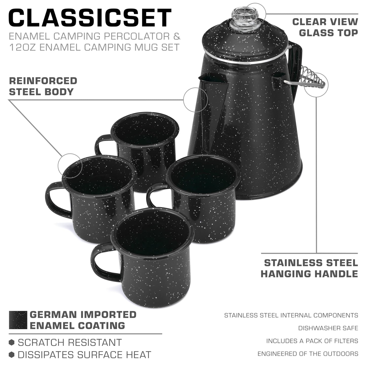 COLETTI Classic Camping Coffee Pot & Mug Set - Percolator Coffee Pot, Enamel Mug Complete Nostalgic Bundle German Imported Enamel Powder [12 oz, Set of 4] (Green)