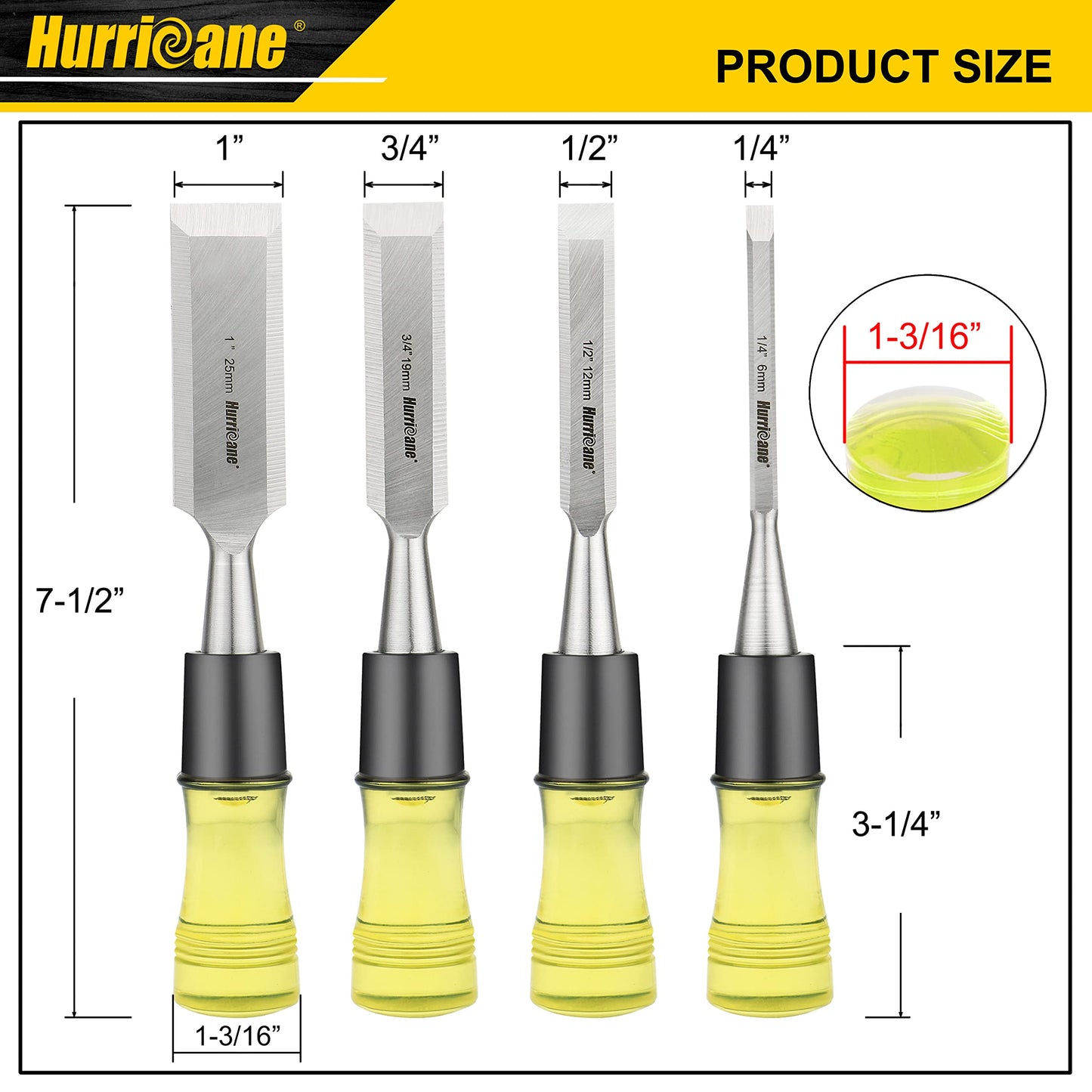 HURRICANE 4 Piece Wood Chisel Set for Woodworking. CR-V Steel Beveled Edge Blades with Safety Caps. Durable PVC High Impact Handle, for Precision Carving & DIY Projects (1/4", 1/2", 3/4", 1")
