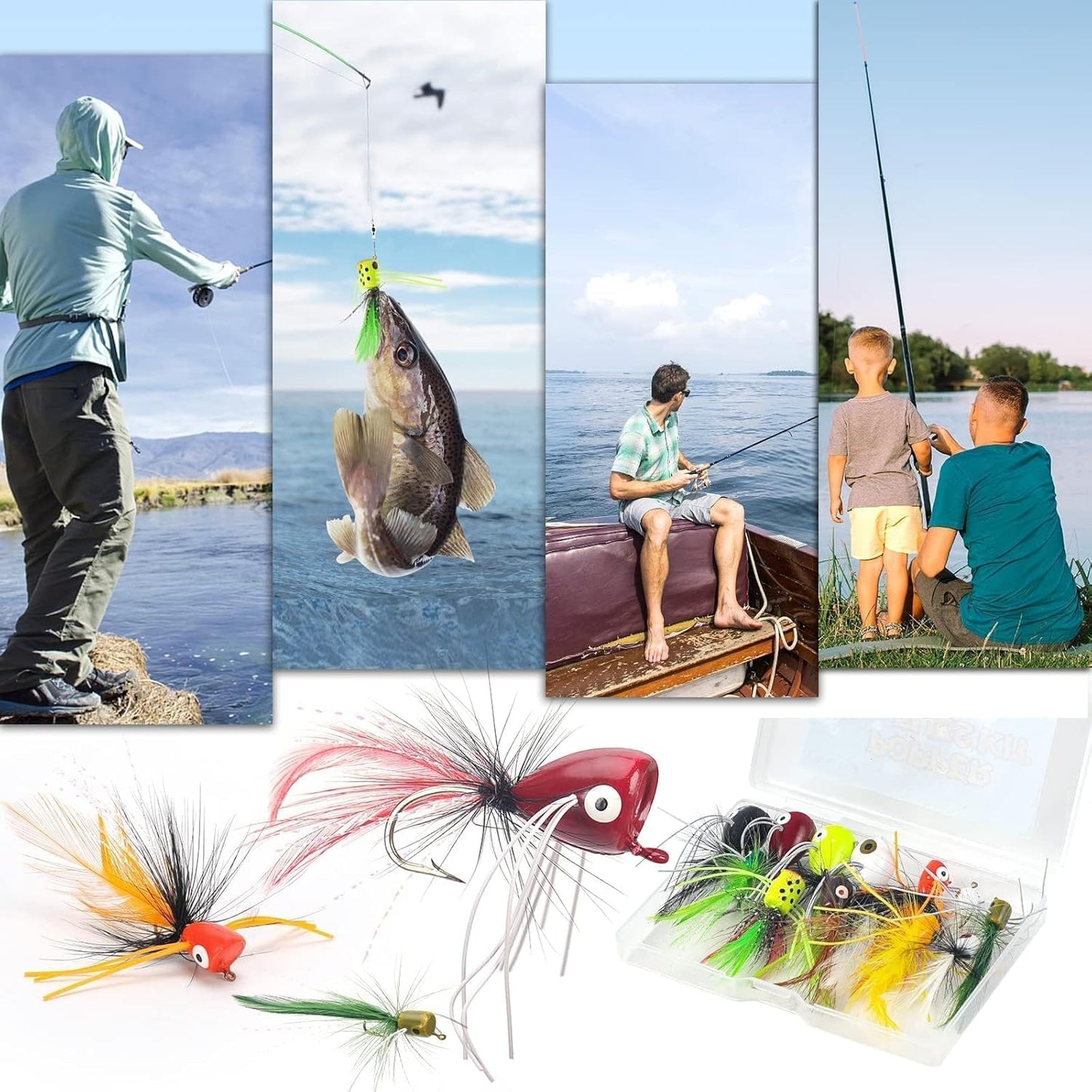 12 pcs Fly Fishing Popper Flies, Fly Popper Lures Bass Panfish Bluegill Crappie Popping Bug Sunfish Trout Salmon Poppers Flys Kit for Flys Fishing