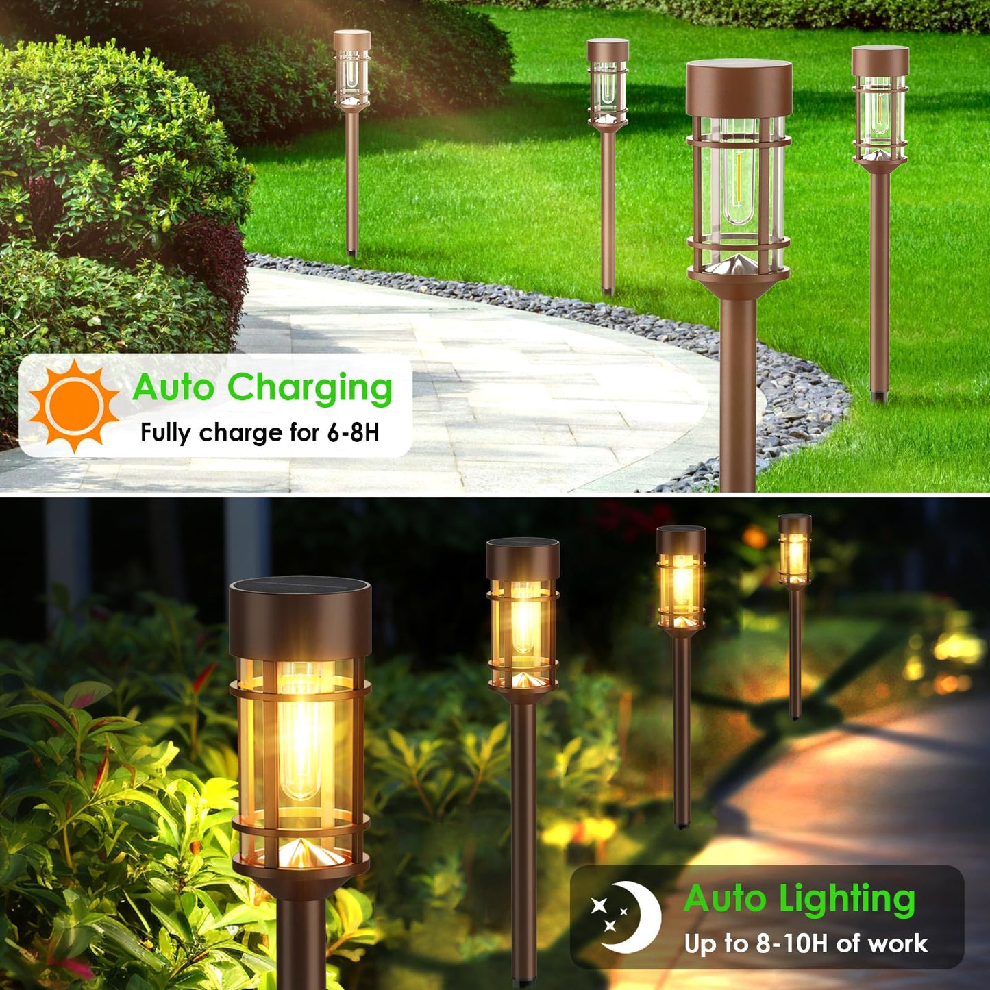 Solar Pathway Lights, 8 Pack LED Solar Lights Outdoor Waterproof, Glass Metal Garden Lighting for Yard Path Landscape Lawn Walkway Driveway, 3000K