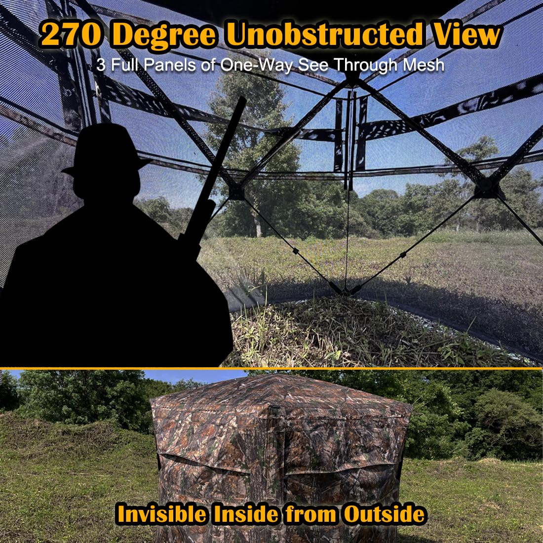 one way see through tent See Through Hunting Ground Blind 2-3 Person Pop-Up Ground Blinds 270 Degree, Portable Hunting Tent for Turkey Deer Hunting with Chair Bag