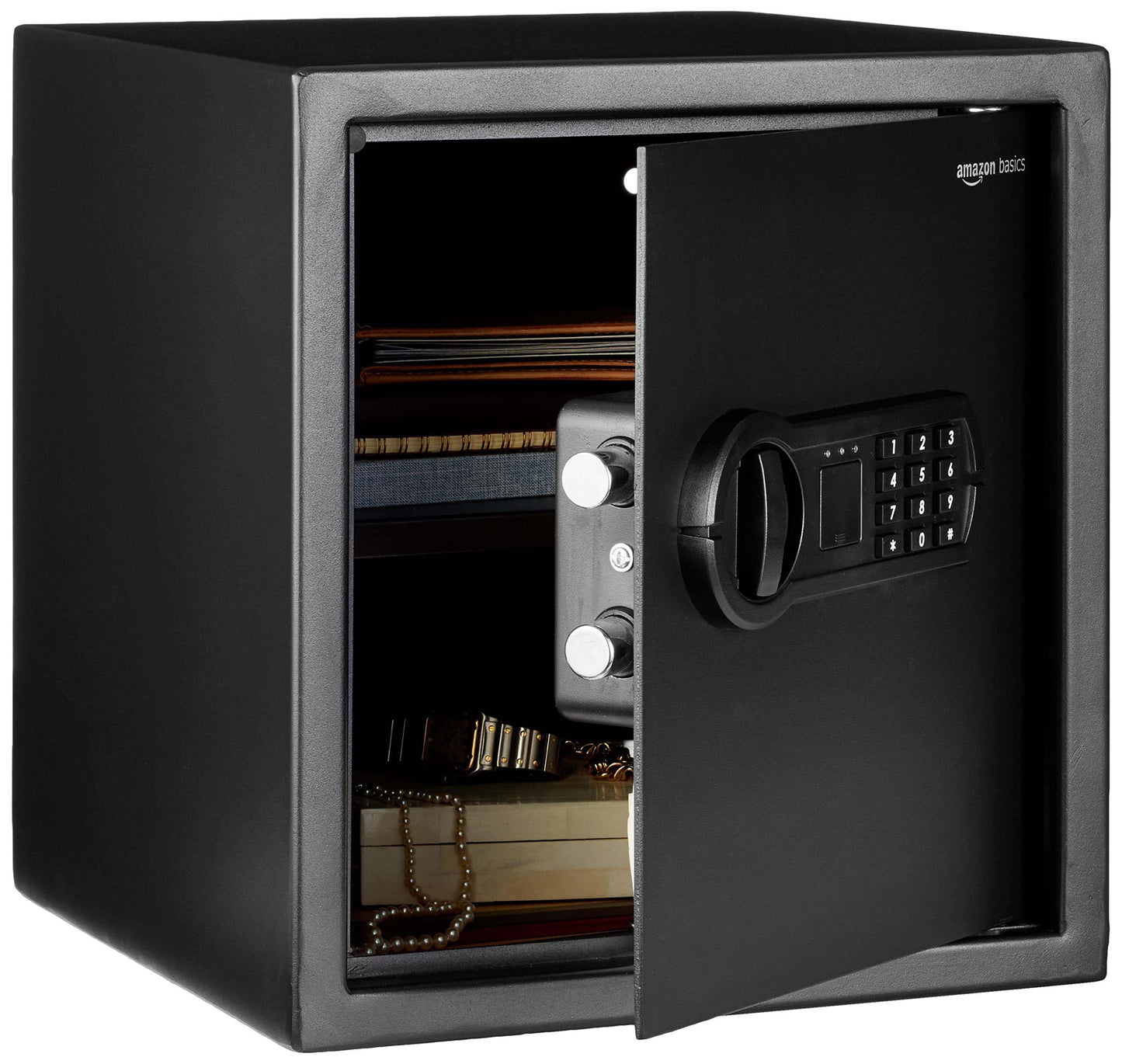 Amazon Basics Steel Home Security Safe with Electronic Keypad, Programmable Combination Lock for Documents, Jewelry, Valuables, Removable Shelf, 1.52 Cubic Feet, Black, 13.8"W x 13"D x 16.5"H