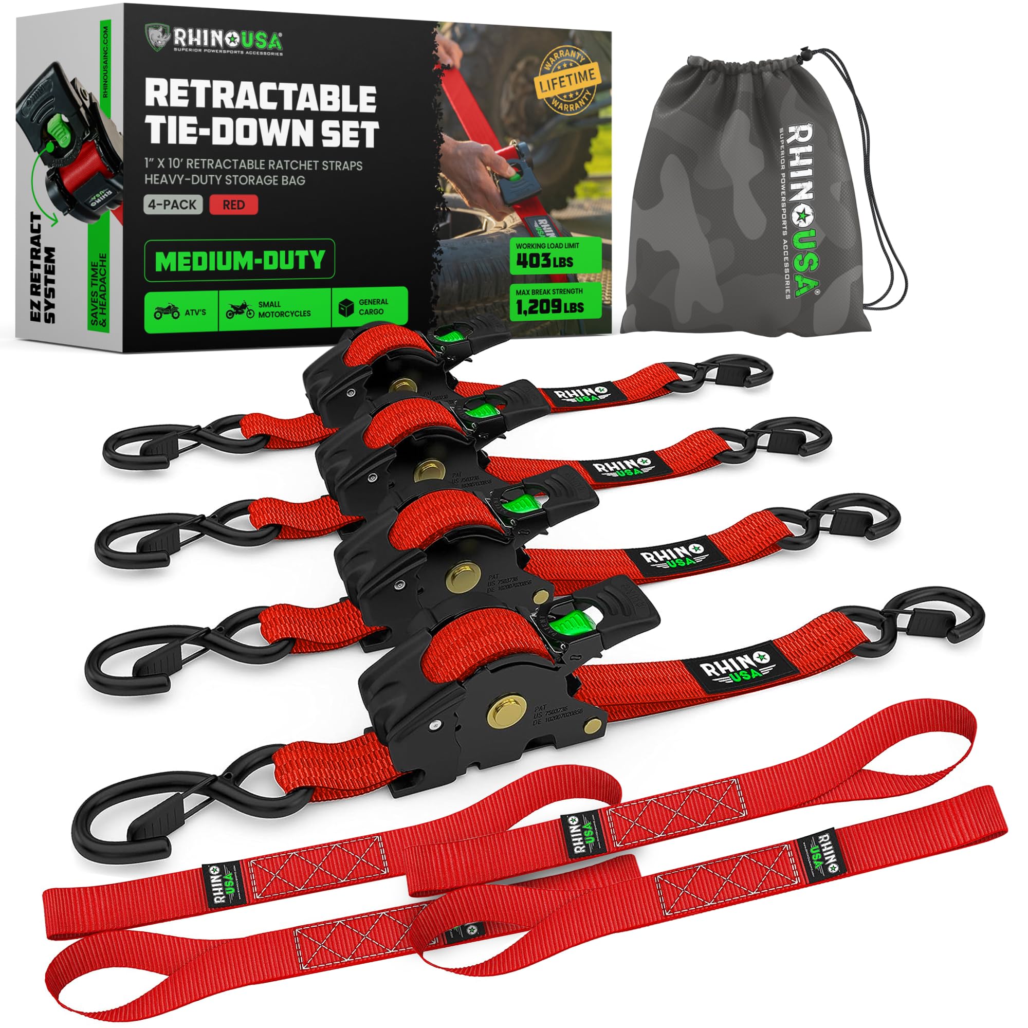 Rhino USA Retractable Ratchet Straps (4-Pack) - 1 Inch x 10 Feet (1,20 ...