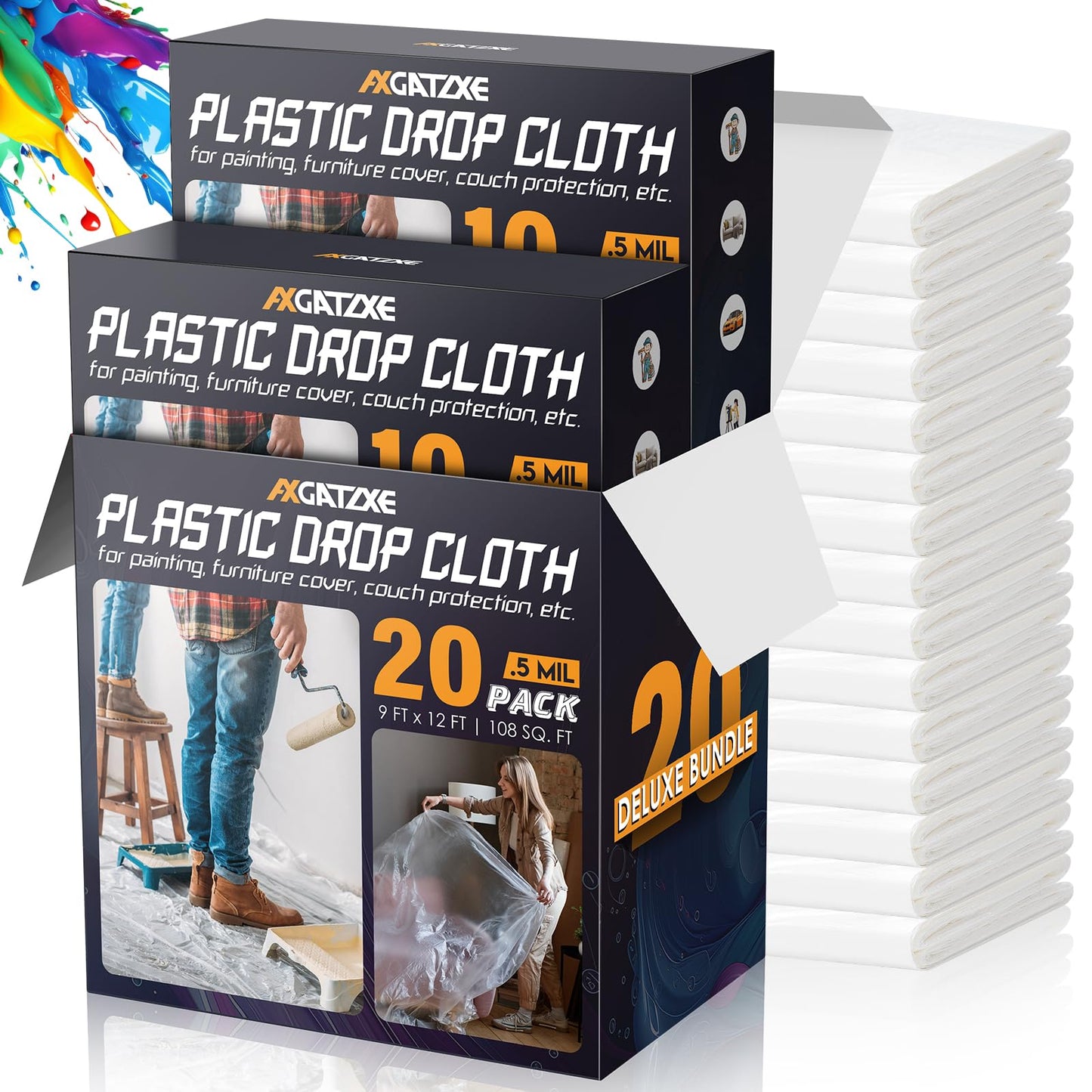 12 x 9 Ft Plastic Drop Cloths (6-Pack) - Disposable Painter's Sheeting & Tarps for Painting, Waterproof Furniture/Couch/Floor Protection