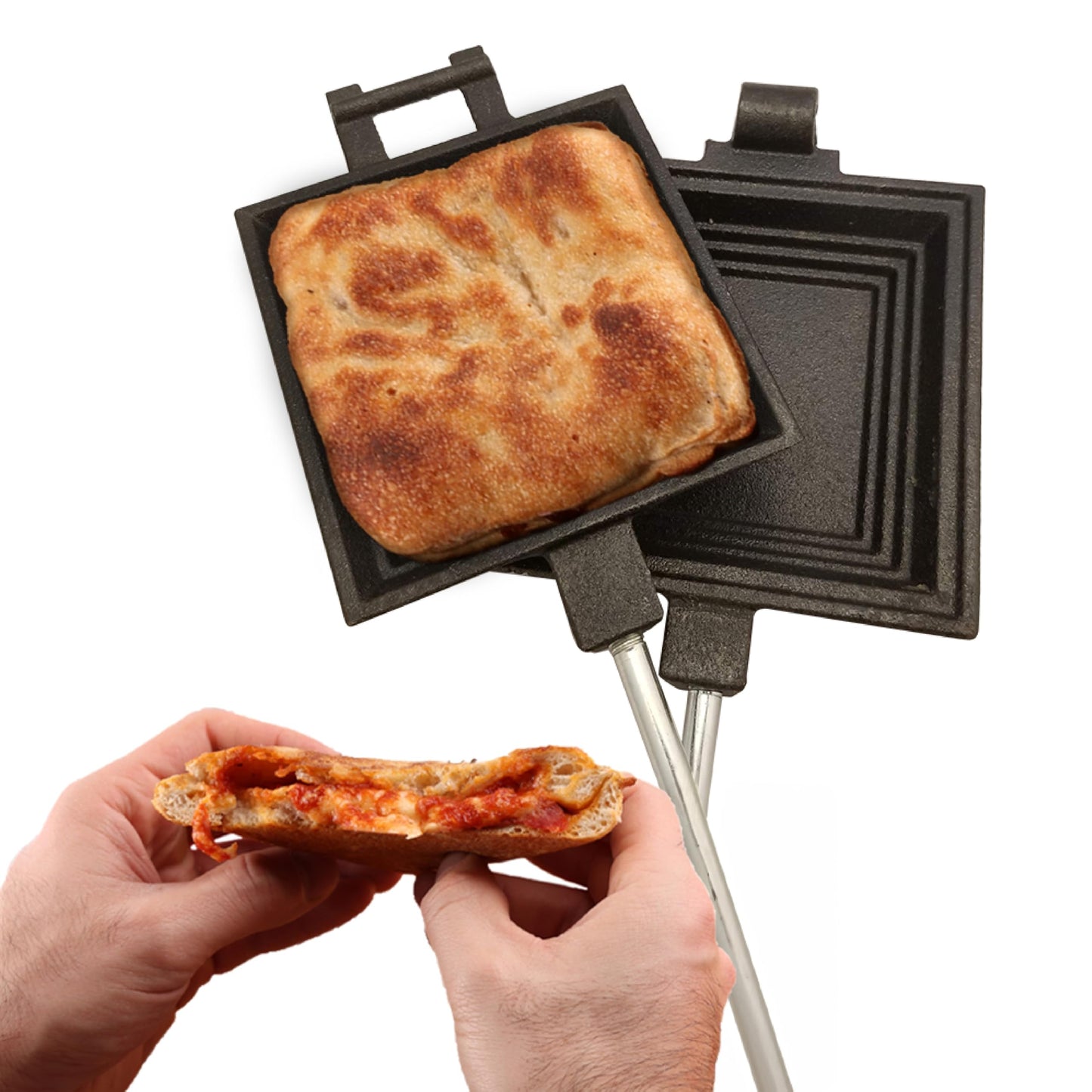 Coghlan's Cast Iron Camp Cooker - Pre-Seasoned Pie Iron Sandwich Maker with Heat-Resistant, Removable Handles, Easy-to-Clean for Toasted Pies, Grilled Sandwiches, and Meats, For Campfire Cooking
