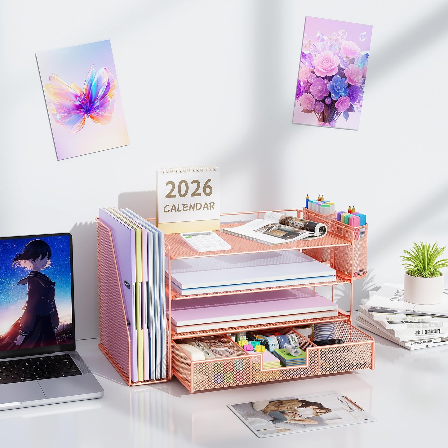 gianotter Desk Organizers and Accessories with File Holder, 4-Tier Desk Accessories & Workspace Organizers with Drawer and 2 Pen Holder, Paper Organizer for Office Supplies (Rose Gold)
