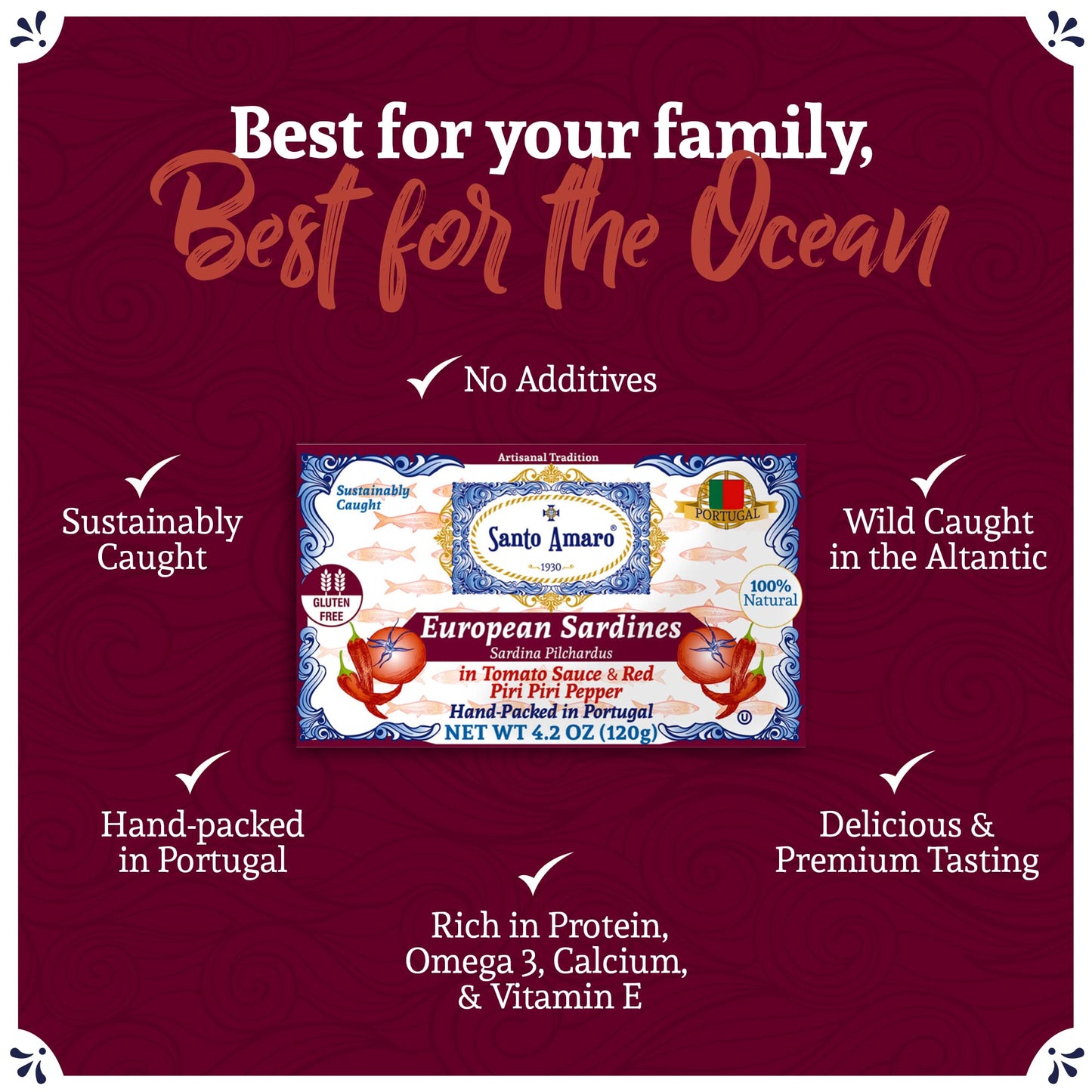 Santo Amaro - 6 Flavor Variety Pack Sampler European Wild Sardines - Virgin Olive Oil - Tomato Sauce from Puree - Virgin Olive Oil & Spicy Red Piri Piri Pepper - Spring Water - Virgin Olive Oil & Lisbon Lemon - Tomato Puree with Spicy Red Piri Piri Pepper
