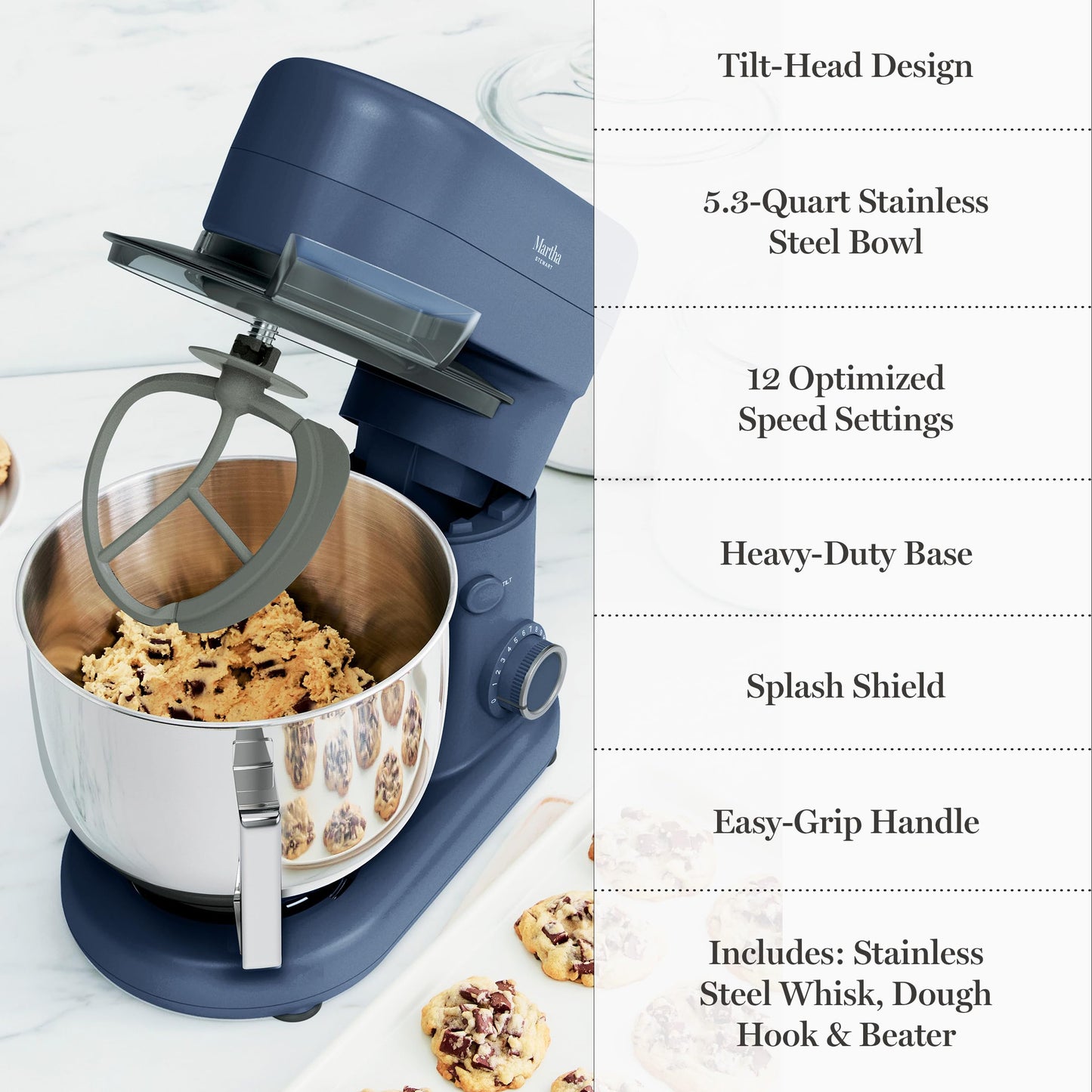 Martha Stewart Stand Mixer, 12 Speed, Tilt-Head, 5.3QT Stainless Steel Bowl, Splash Guard with Pour Chute, Whisk, Dough Hook, Flat Beater, Electric Kitchen Baking Mixer, Bread, Cake, Whip, Caviar Gray