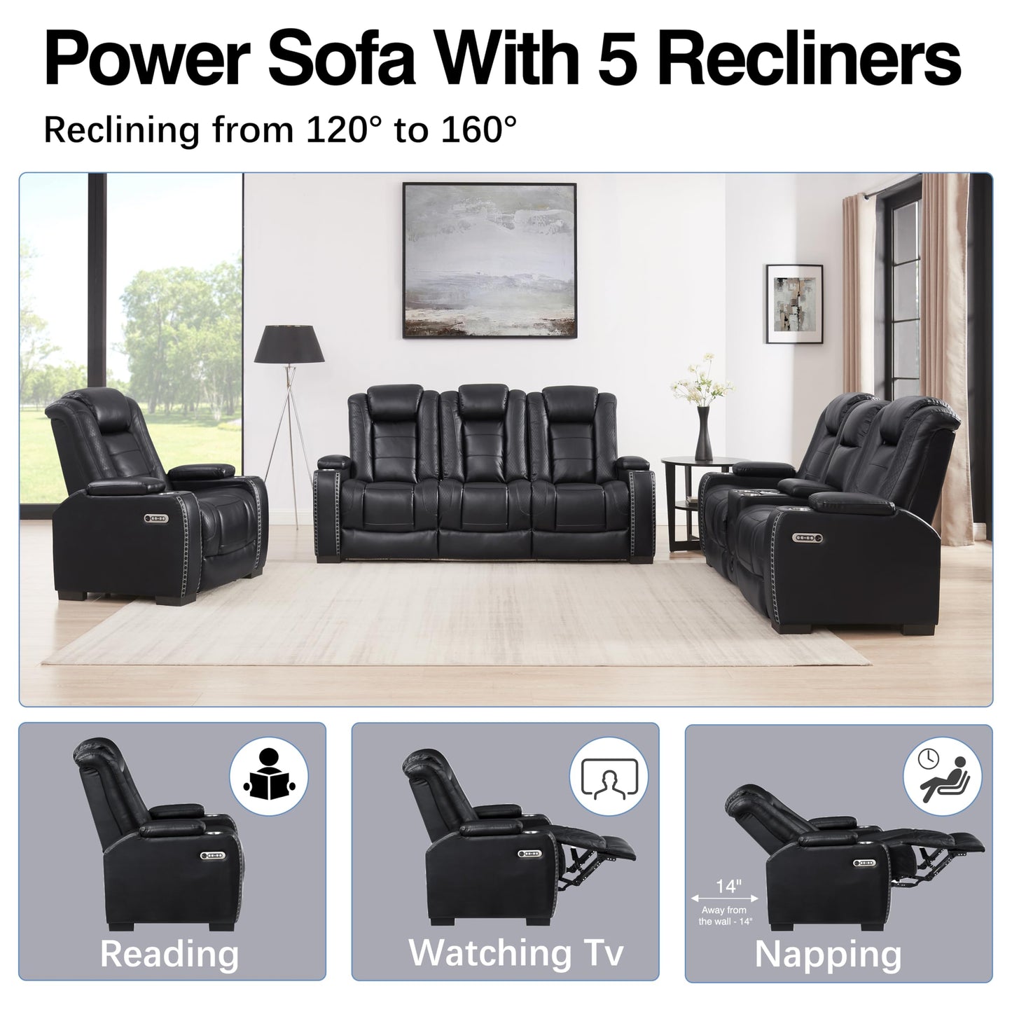 THSUPER Power Black Leather Recliner Sofa for Living Room Furniture Sets with Arm Storage and Power Headrest, Leather Living Room Reclining Couch Set with Wireless Charge and Bluetooth Speaker.