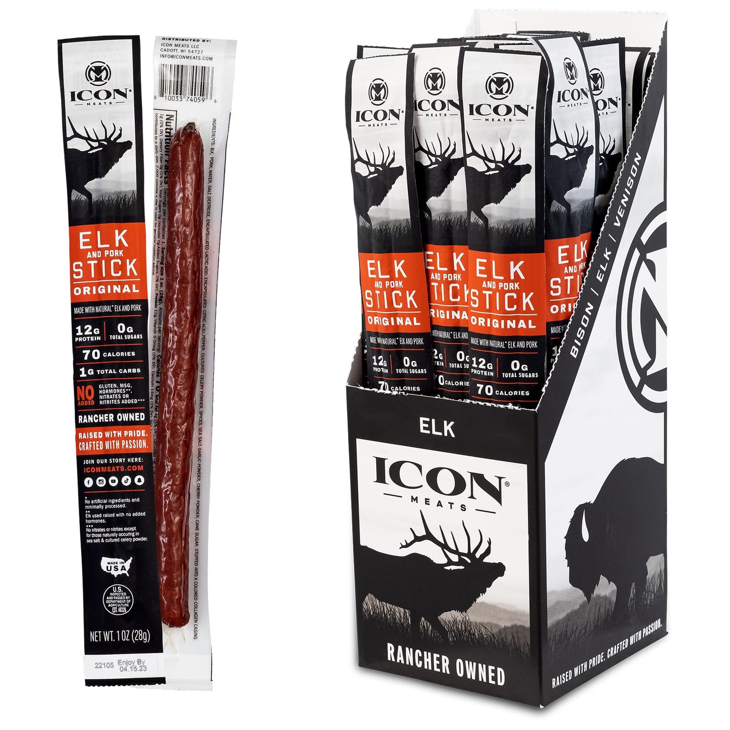 ICON Meats Snack Sticks Sampler - Assorted Flavors of Bison, Elk, Venison and Pork Jerky Sticks - 24 Pack of Individually Wrapped Meat Sticks, 6 Per Flavor – USDA Approved, All Natural Artisan Meats