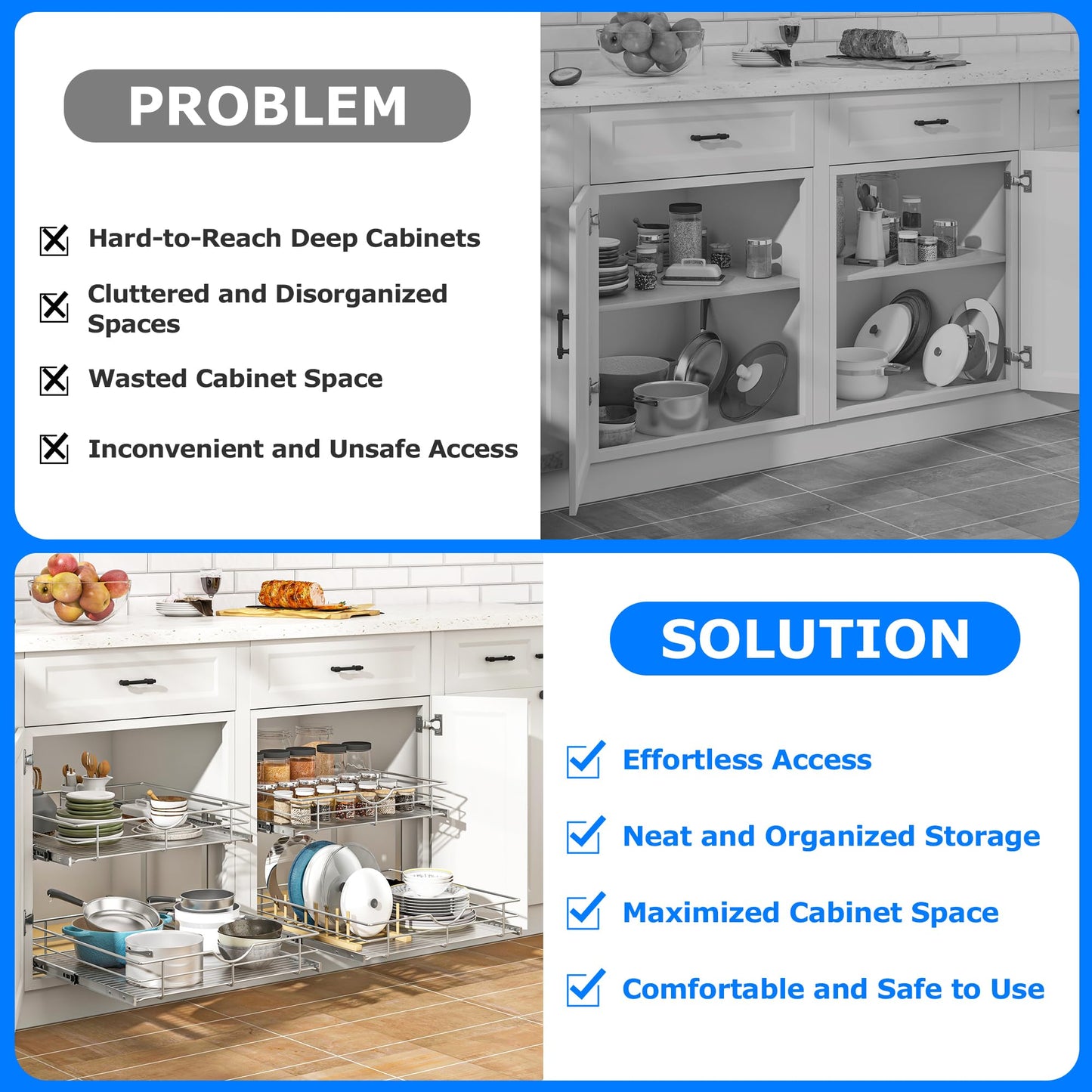 WelFurGeer 2-Tier Kitchen Cabinet Pullout Shelf and Drawer Organizer, Soft Close Pantry Pull Out Shelves, Heavy Duty Pull Out Cabinet Organizer with Shelf Liner for Kitchen Cabinets, Pantry Storage