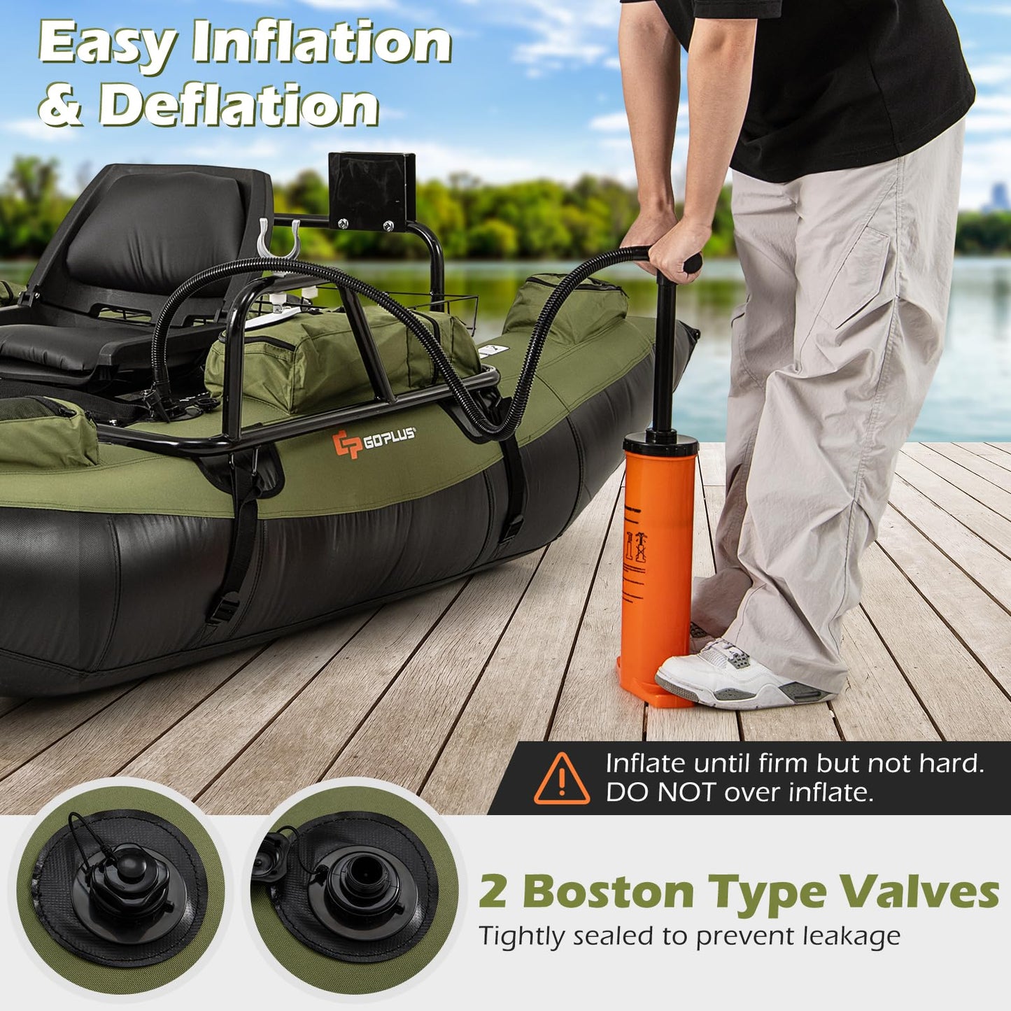 Goplus Inflatable Fishing Float Tube, Pontoon Boat w/Foldable Padded Seat, Adjustable Footrest, Pump, Paddles, Fish Ruler, Storage Basket,Pockets, 400 LBS Load Capacity Adult Belly Boat for Angling