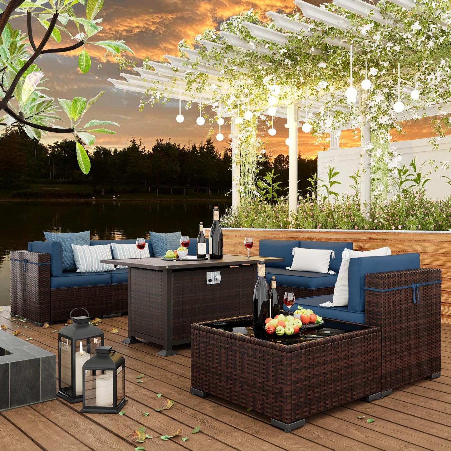 Amopatio Patio Furniture Sets, 7 Pieces Outdoor Rattan Sectional Sofa Set with Glass Table and Cushions, Wicker Patio Conversation Set for Outdoor Indoor Backyard Lawn Garden Porch (Grey)