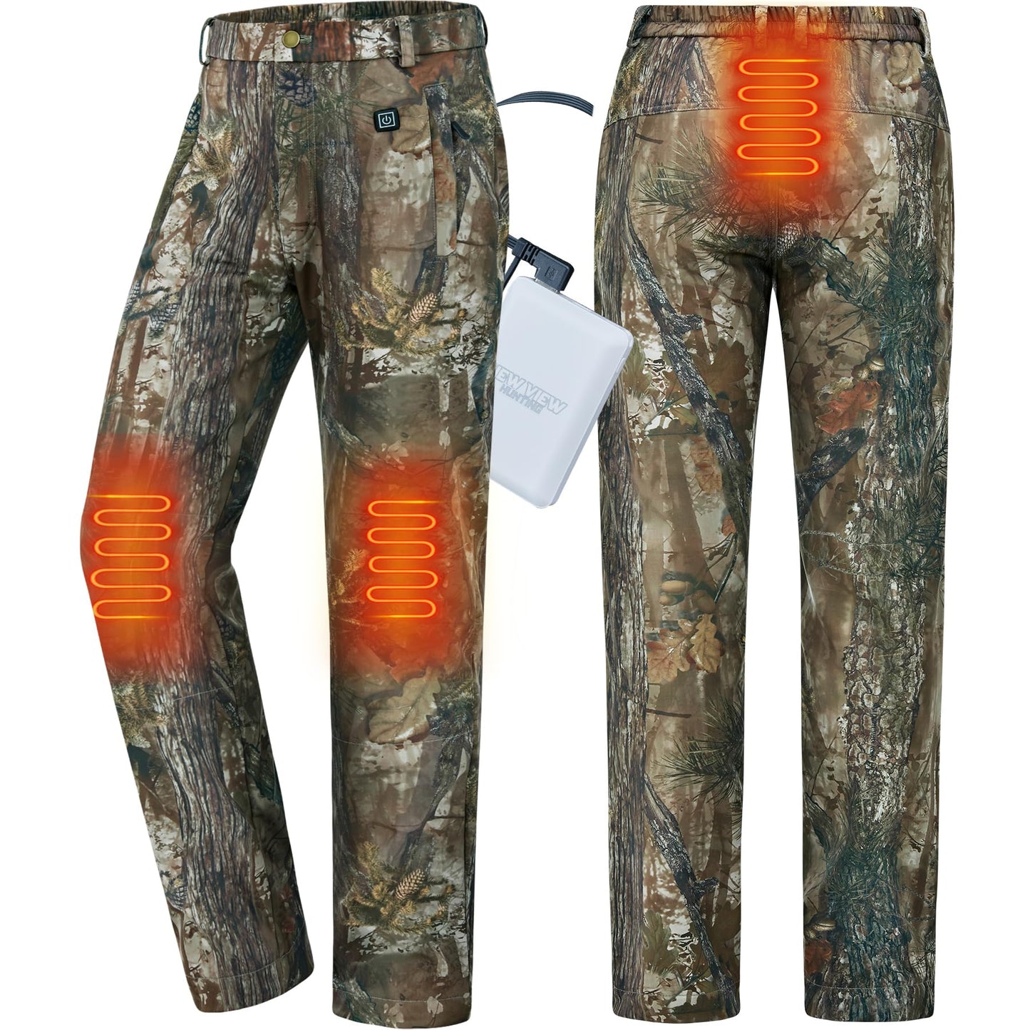 NEW VIEW Women Camo Heated Pants with 10000mAh Battery Pack, Fleece Lined Insulated Hunting Pants for Cold Winter Outdoors
