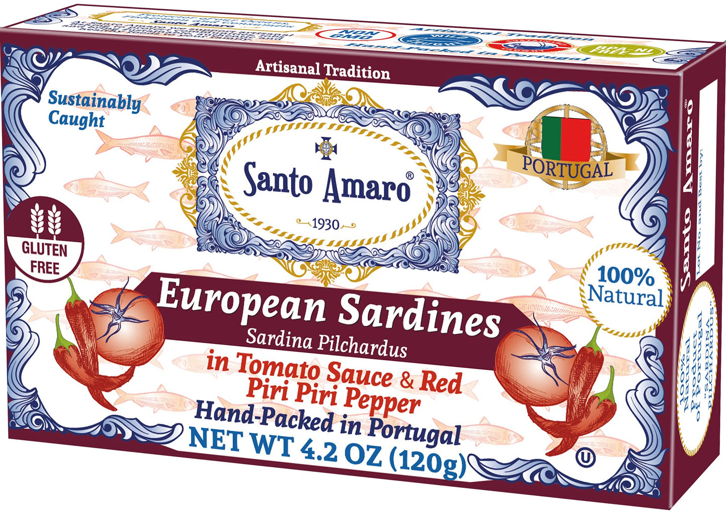 Santo Amaro - 6 Flavor Variety Pack Sampler European Wild Sardines - Virgin Olive Oil - Tomato Sauce from Puree - Virgin Olive Oil & Spicy Red Piri Piri Pepper - Spring Water - Virgin Olive Oil & Lisbon Lemon - Tomato Puree with Spicy Red Piri Piri Pepper