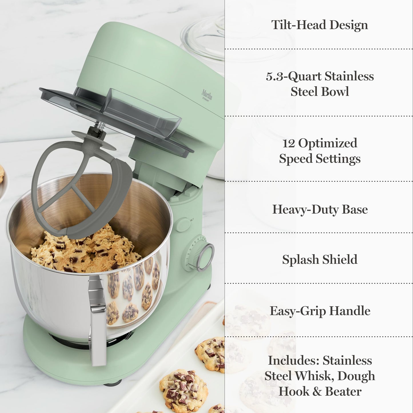 Martha Stewart Stand Mixer, 12 Speed, Tilt-Head, 5.3QT Stainless Steel Bowl, Splash Guard with Pour Chute, Whisk, Dough Hook, Flat Beater, Electric Kitchen Baking Mixer, Bread, Cake, Whip, Caviar Gray