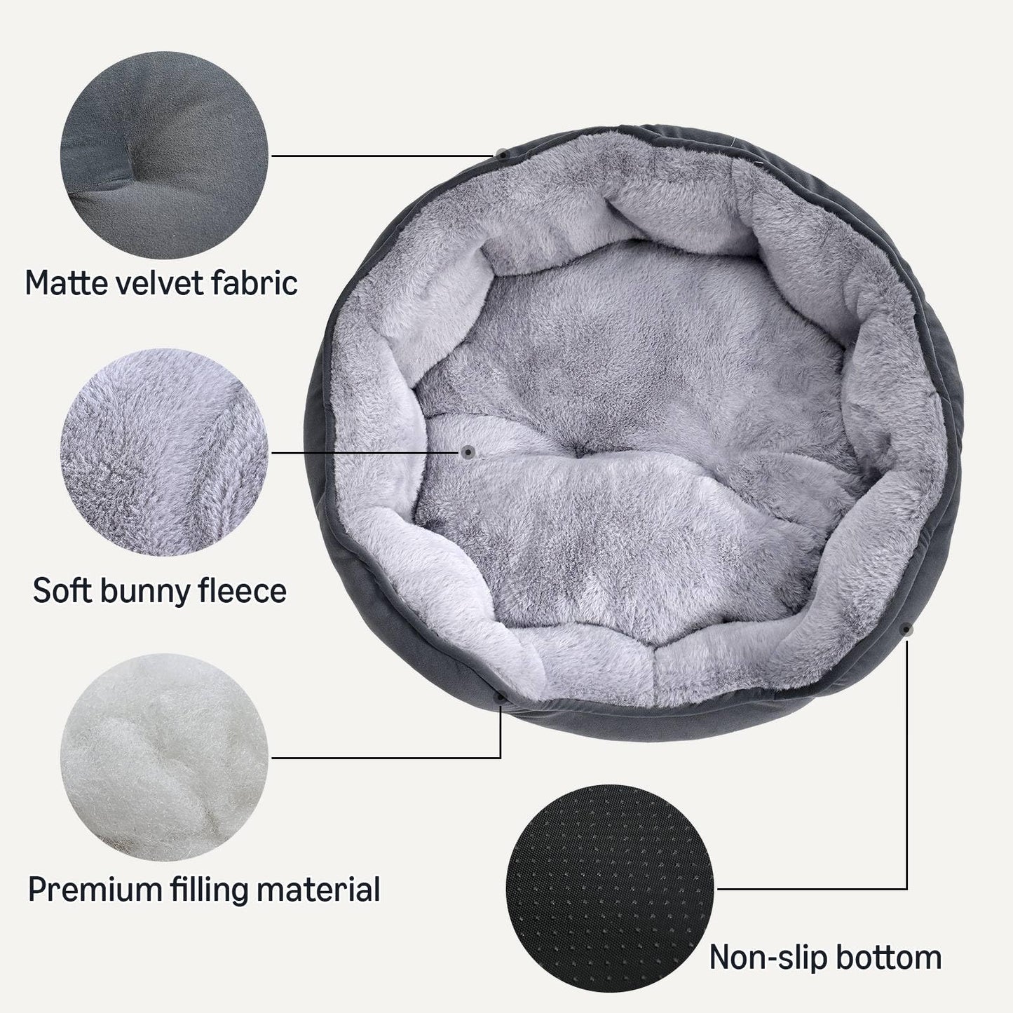 Amazon Basics Round Dog Bed for Medium Dogs, Cat Beds for Indoor Cats, Washable Pet Bed with Soft Plush Cushion, Anti-Slip Bottom, 30x24x8 Inches, Gray