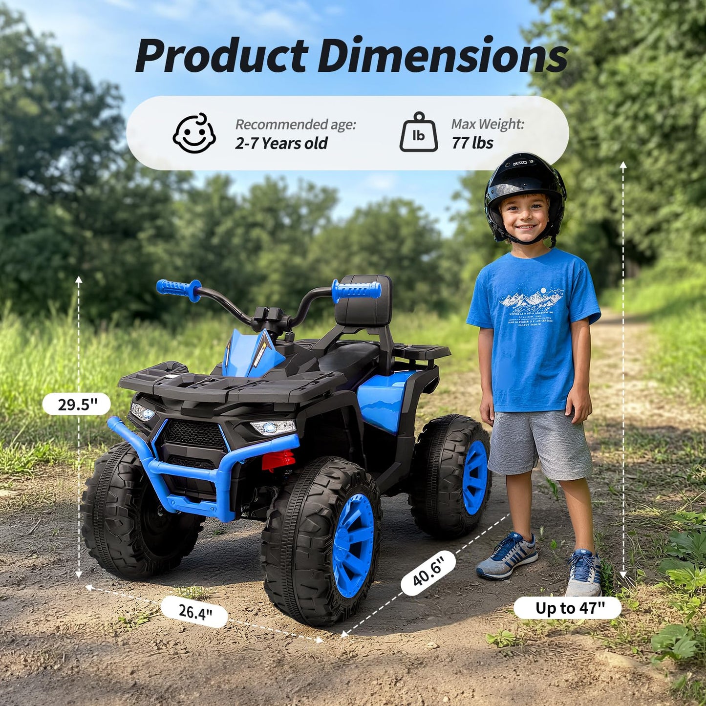 Hikiddo Kids ATV 4 Wheeler, 24V 4WD Electric ATV Ride On Toy for Big Kid w/ 2-Seater, 4x200W Motor, 5.6Mph Max Speed - Blue