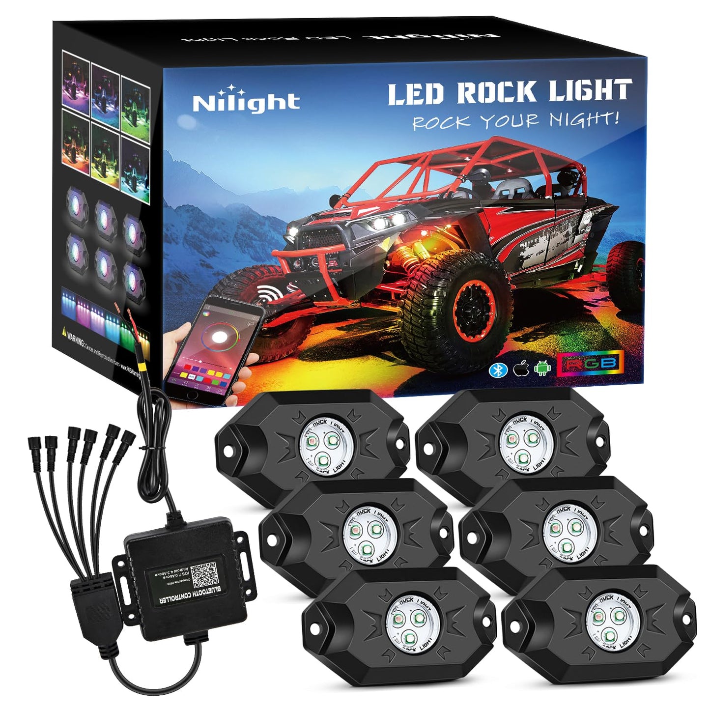 Nilight RGB LED Rock Lights Kit, 4 pods Underglow Multicolor Neon Light Pod with Bluetooth App Control Flashing Music Mode Wheel Well Light for Truck ATV UTV RZR SUV
