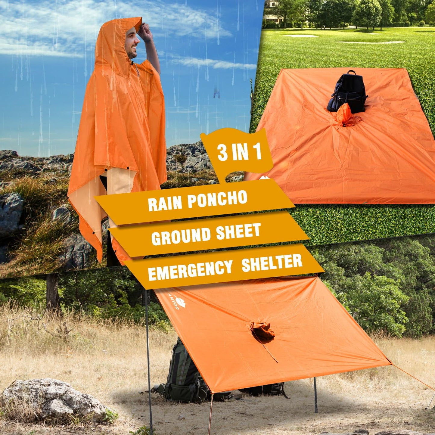ANYOO Hooded Rain Poncho for Adults Waterproof Lightweight Rain Coat for Men Women Reusable Rain Jacket for Emergency Outdoor