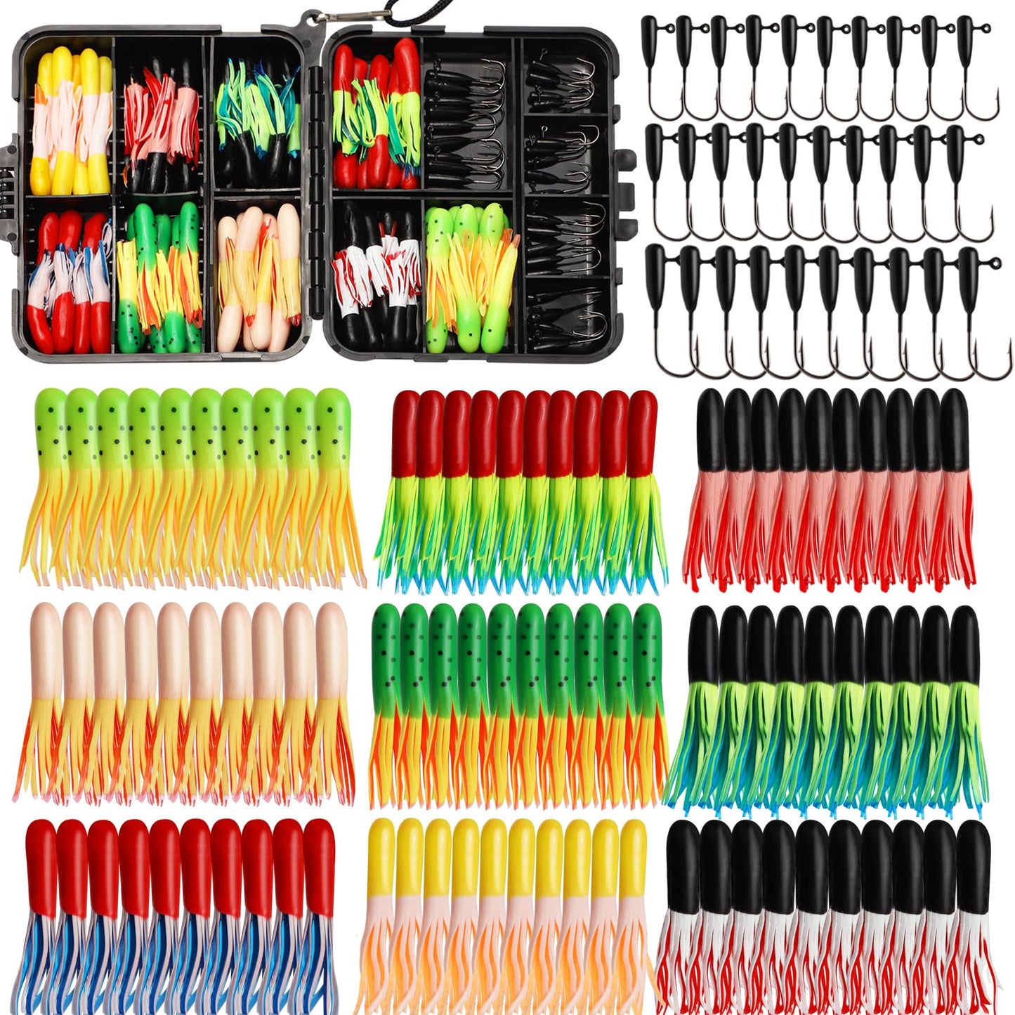Dovesun Crappie Lures with Jig Heads Kit, Soft Plastic Grubs-Tube Baits 1/8oz 1/16oz 1/32oz Crappie Jigs Walleye Trout Bass Crappie Baits 95-120pcs