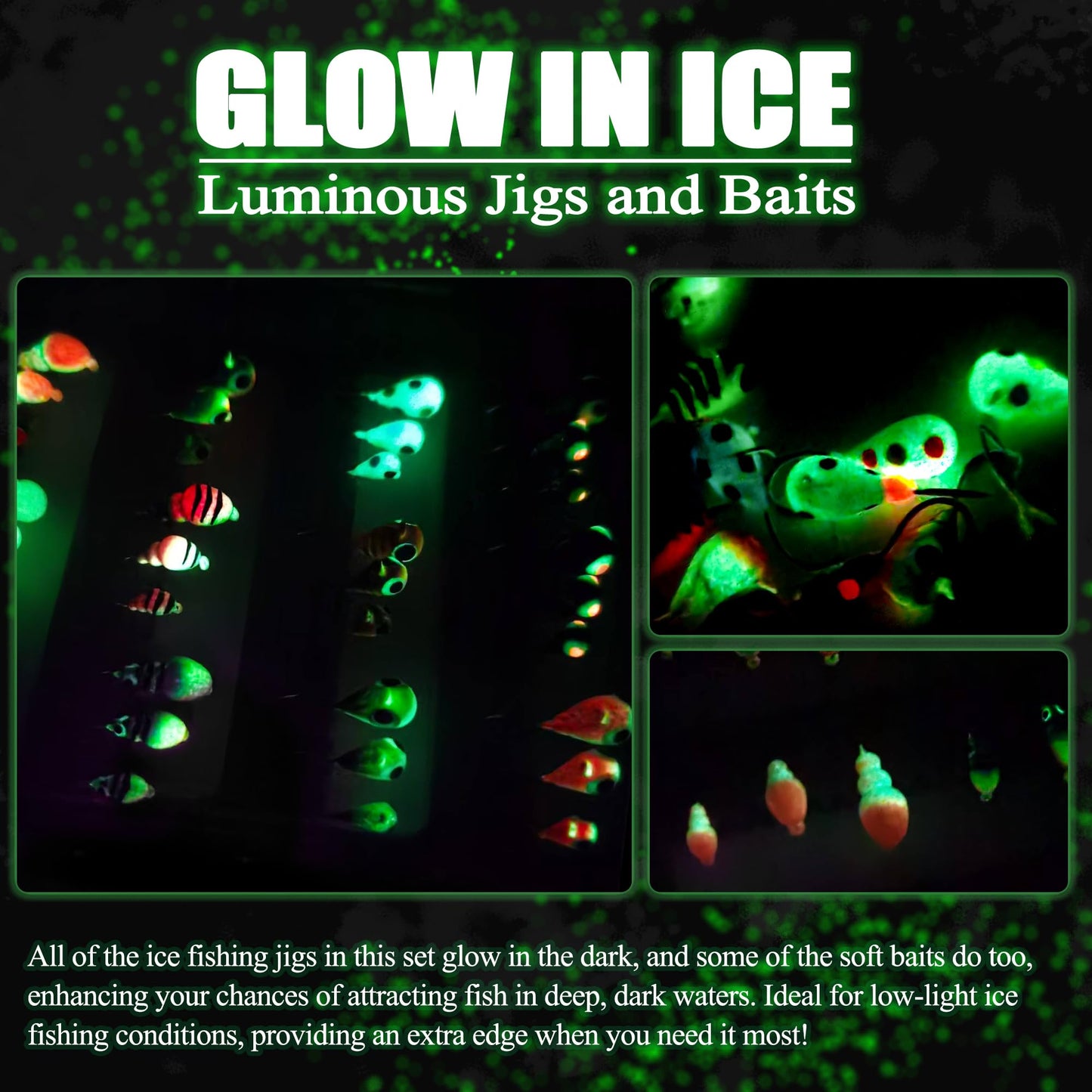45Pcs Tungsten Ice Fishing Jigs Lures Kit, Micro Glow Tungsten Winter Jig Heads Hooks for Walleye Crappie Panfish Trout, Ice Fishing Gear Equipment Tackle Accessories