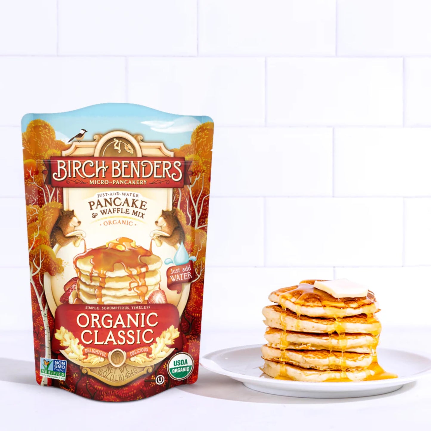 Organic Pancake and Waffle Mix, Classic Recipe by Birch Benders, Whole Grain, Non-GMO, Just Add Water, 16oz (Packaging may vary)