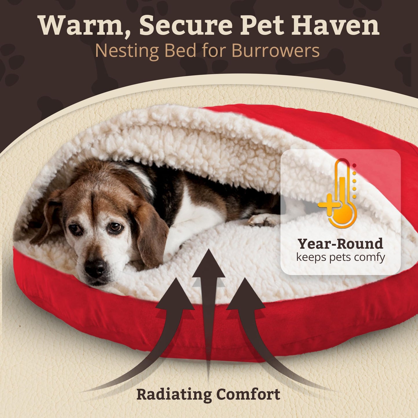 Snoozer Classic Poly-Cotton Cozy Cave Pet Bed, Large, Red