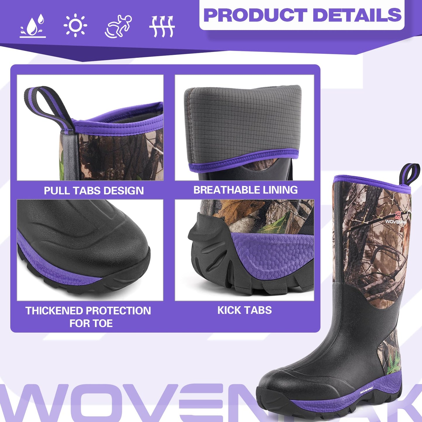 WOVENPAK Rubber Boots for Women, Waterproof Rain Boots Women with Steel Shank, Insulated Hunting Boots, Neoprene Garden Mud Boots All Season for Hunting, Gardening, Farming, Size 6-11