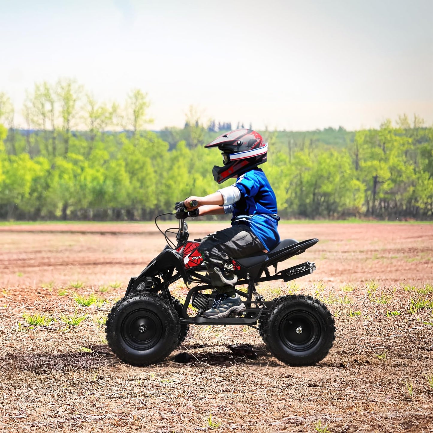 Gas ATV 4 Wheeler 49CC Go Kart 2-Stroke Mini Gas 4 Wheeler for Kids 4WD Ride On Toys Car ATV Quads Play Car with Front &Rear Disc Brake, LED Headlights,50/MPH Maximum Speed Black