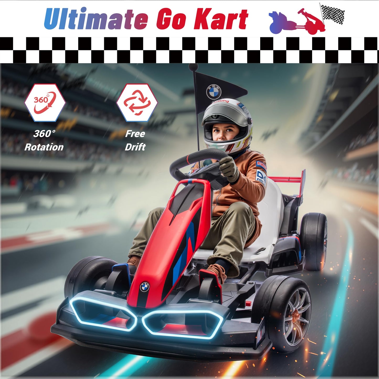 Wanan 36V Electric Go Kart with Adjustable Seat, Licensed BMW Drift Kart with Dual 2 x 300W Motors, Crazy Go Cart for Kids Ages 6-12, Cool LED Lights, Drift Mode and 2 Speeds (Red)