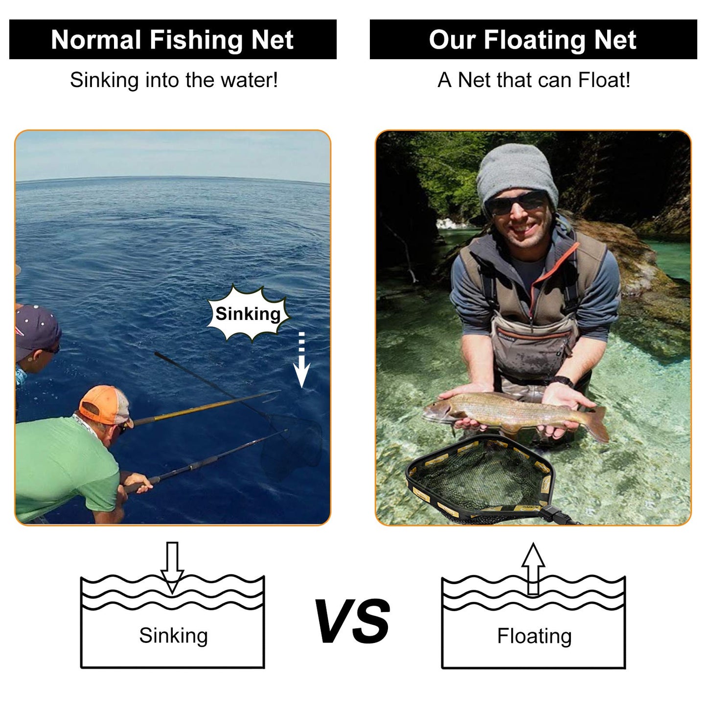 PLUSINNO Floating Fishing Net for Steelhead, Salmon, Fly, Kayak, Catfish, Bass, Trout Fishing, Rubber Coated Landing Net for Easy Catch & Release, Compact & Foldable for Easy Transportation & Storage