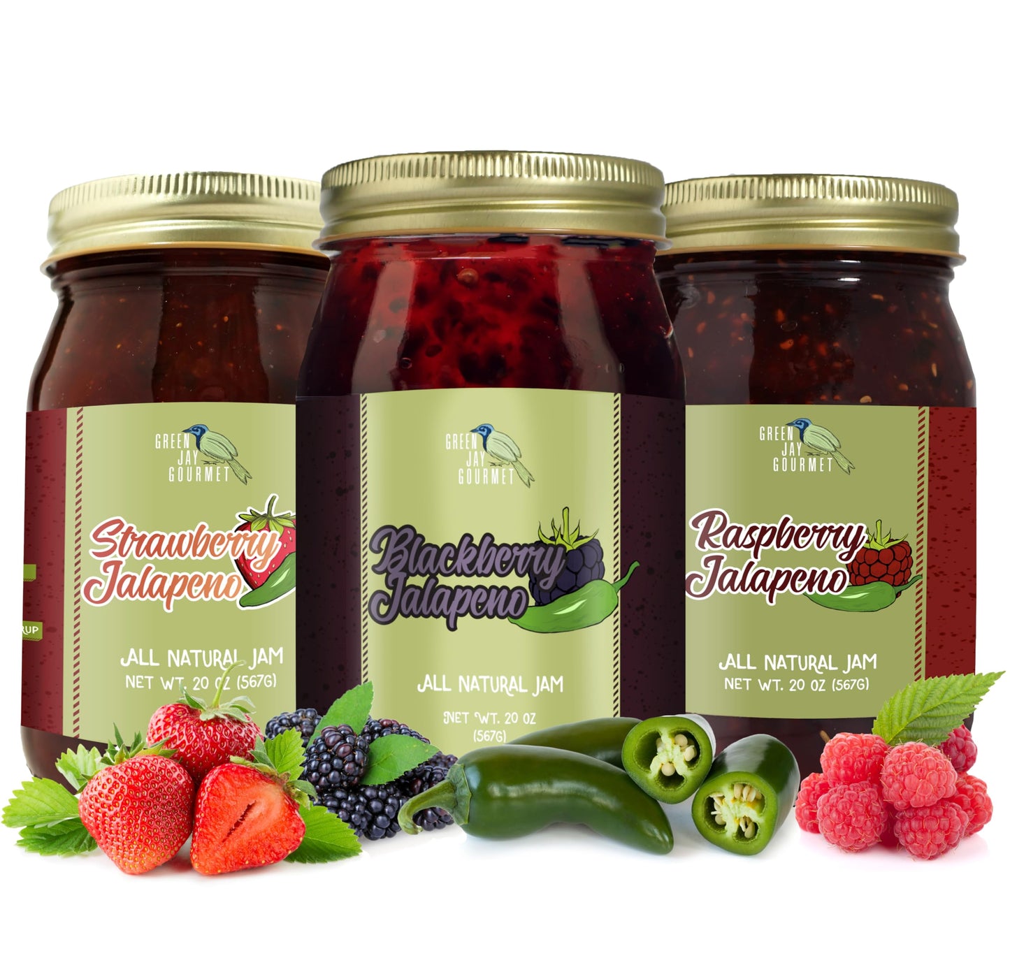 Green Jay Gourmet Spicy Jam Variety Pack - All-Natural Raspberry Jalapeno Jam, Strawberry Jalapeno Jam, Blackberry Jalapeno Jam - Vegan, Gluten-free Jam - No Preservatives - USA Made - 3 x 20 Ounces