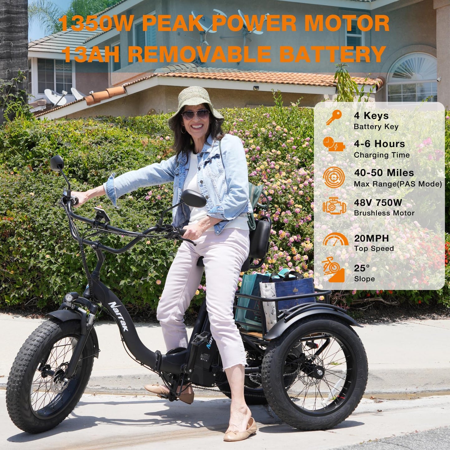 NARRAK Electric Tricycle for Adults,Fat Tire Folding Electric Trike,3 Wheels Electric Bicycle Bikes, Peak 1350W Step-Thru Etrike with Removable Battery and Large Basket for Women Men