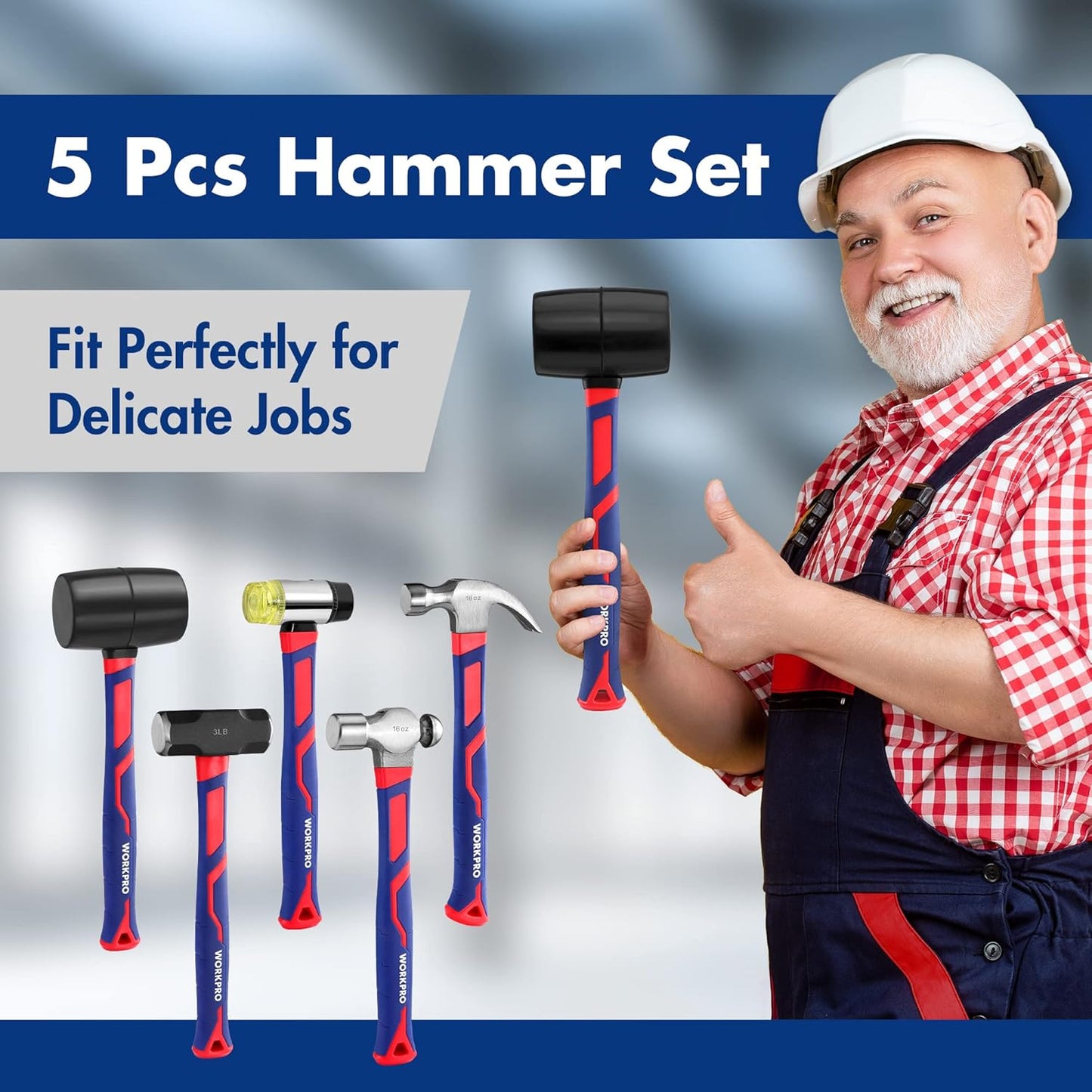 WORKPRO 5-Piece forge/Polish Steel Head, Fiberglass Handle Set - 32oz Rubber Mallet | 16oz Claw & Ball-Peen Hammers | 3lb Sledge | 22oz Double-Faced Mallet