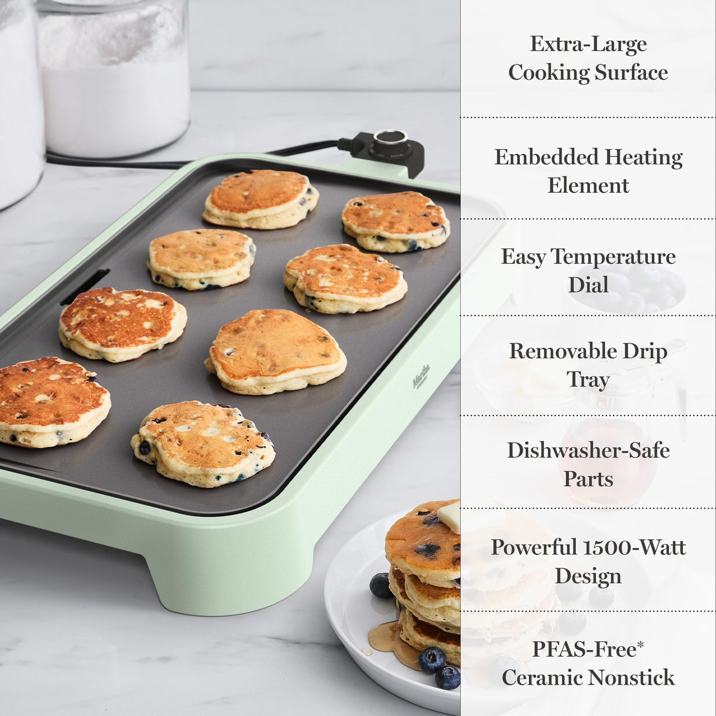 Martha Stewart 12” x 22” Electric Griddle, XL Ceramic Nonstick Flat Top Cooking Surface, Adjustable Temperature Dial, Drip Tray, Dishwasher Safe, 1500W Fast Even Heating, Pancakes & Eggs, Linen White