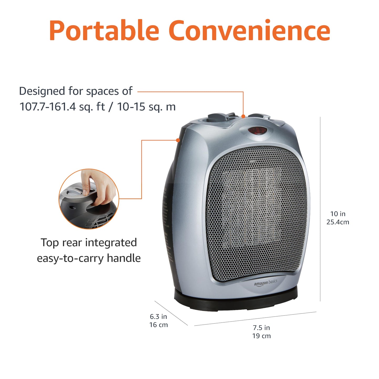 Amazon Basics Oscillating Ceramic Portable Indoor Space Heater, Fast Heating Technology, Overheat and Tip-Over Protection, Adjustable Thermostat, 1500W, 7.52"D x 6.34"W x 9.45"H, Silver