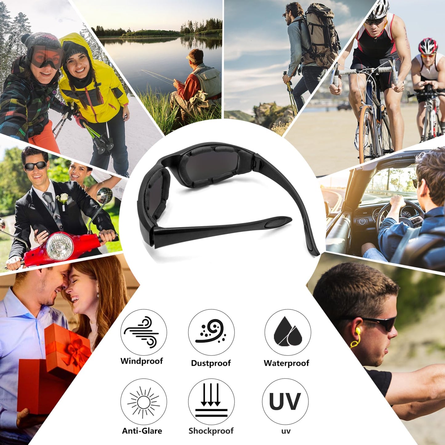 3 Pair Motorcycle Riding Glasses Padding Goggles UV Protection Dustproof Windproof Motorcycle Sunglasses for Outdoor Actives