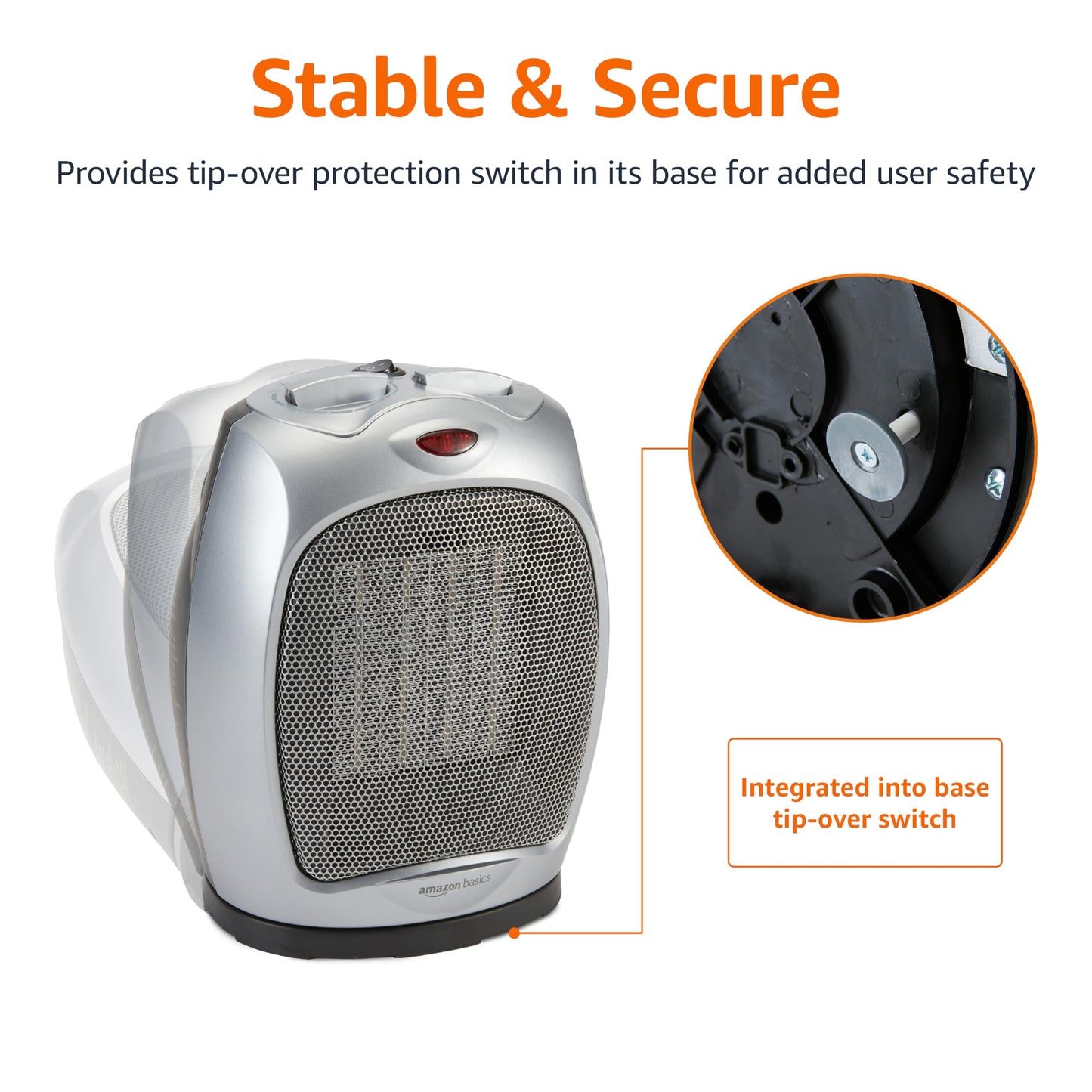 Amazon Basics Oscillating Ceramic Portable Indoor Space Heater, Fast Heating Technology, Overheat and Tip-Over Protection, Adjustable Thermostat, 1500W, 7.52"D x 6.34"W x 9.45"H, Silver