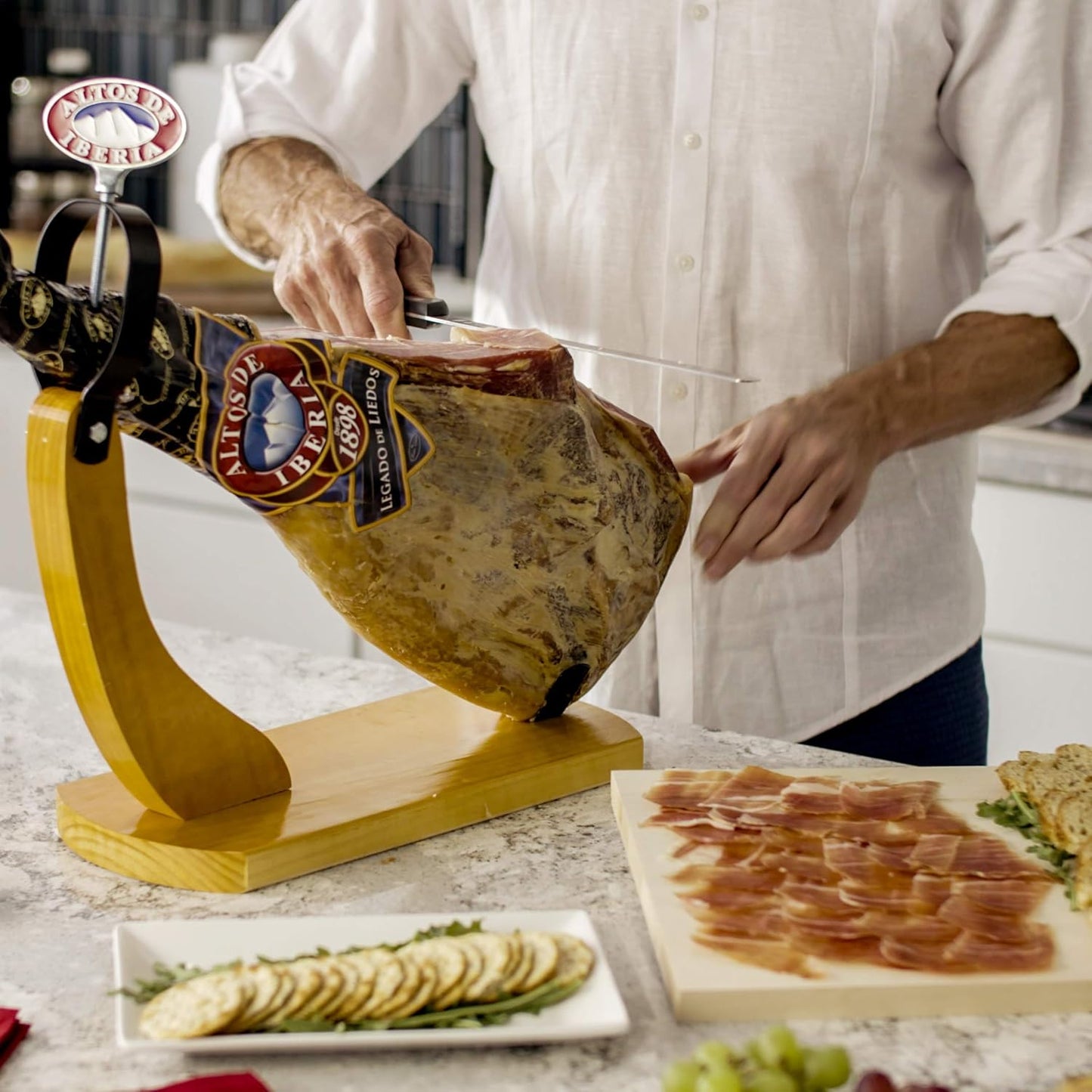 Altos de Iberia Serrano Ham Spain - With Ham Stand and Knife - Min Weight 14lb - 18 Months Avg Curing Time - Great Family and Friends Gift
