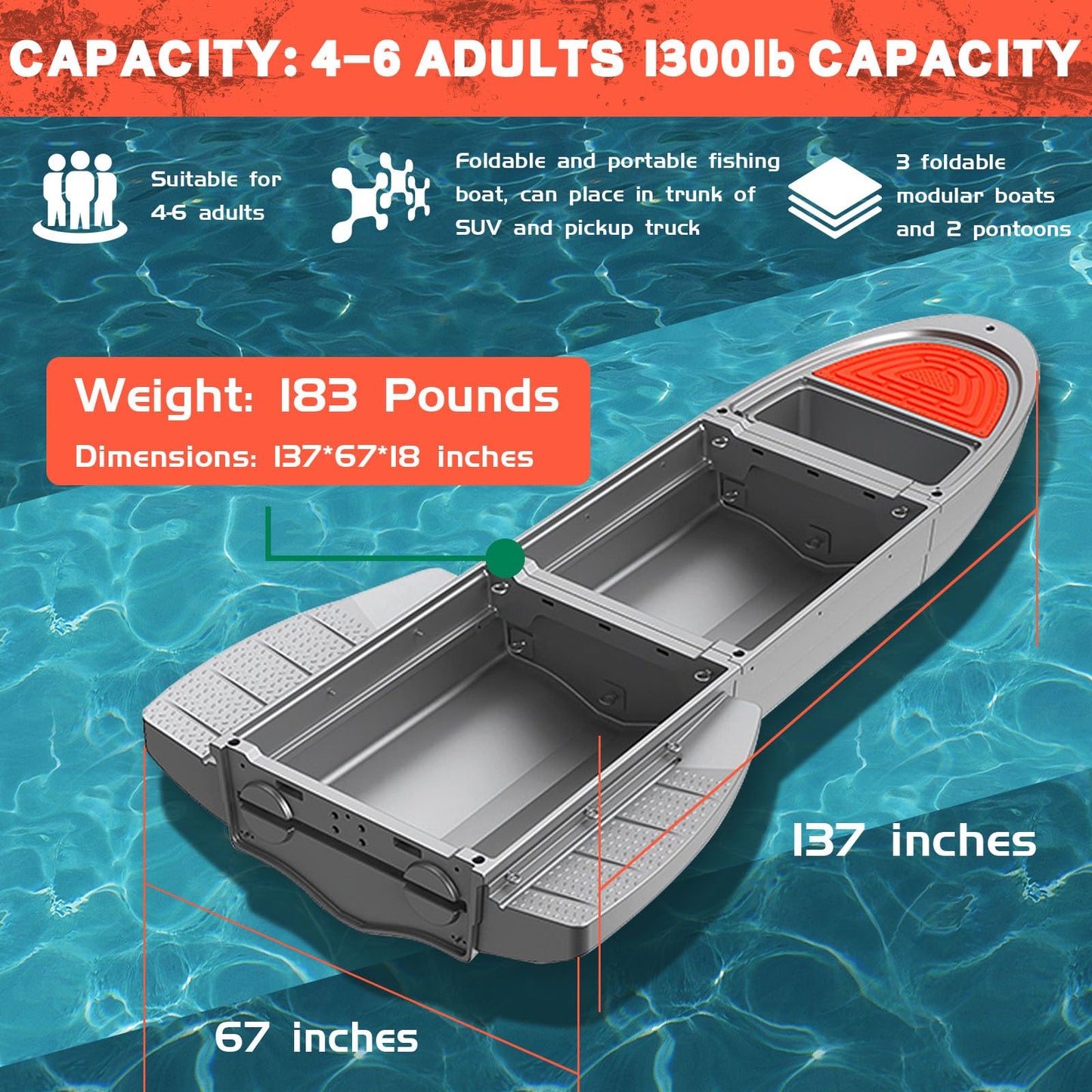 Fishing Boat, B1 Pontoon Boat with 3 Foldable Modular Boats and 2 Pontoons, 1300lb Capacity Row Boat 4-6 Adults Fishing Boats with Fish Tank for Hunting, Fishing, Rescuing and Touring