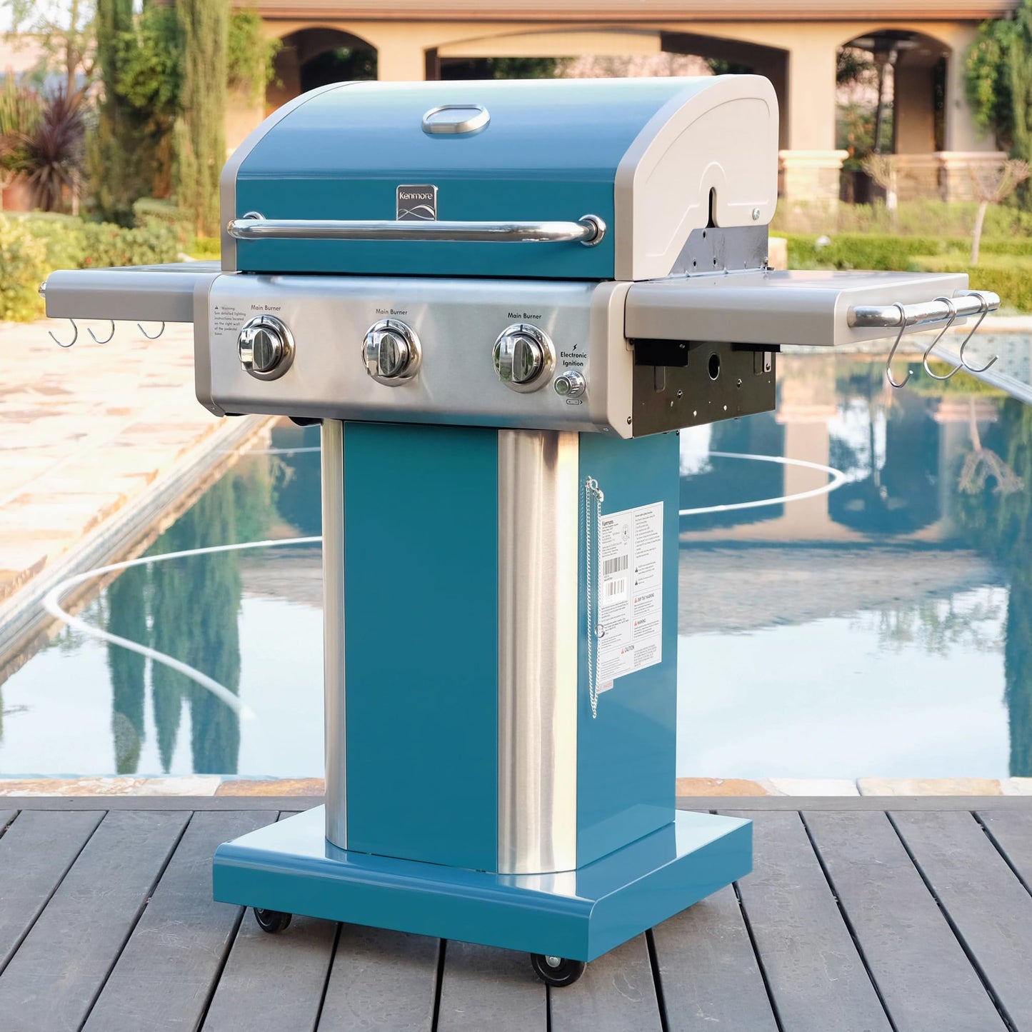 Kenmore 3-Burner Propane BBQ Grill, 30,000 BTUs Gas Grill with Cast Iron Cooking Grates, Folding Side Tables & Wheels, Outdoor Grill with Tool Hooks, Azure Blue