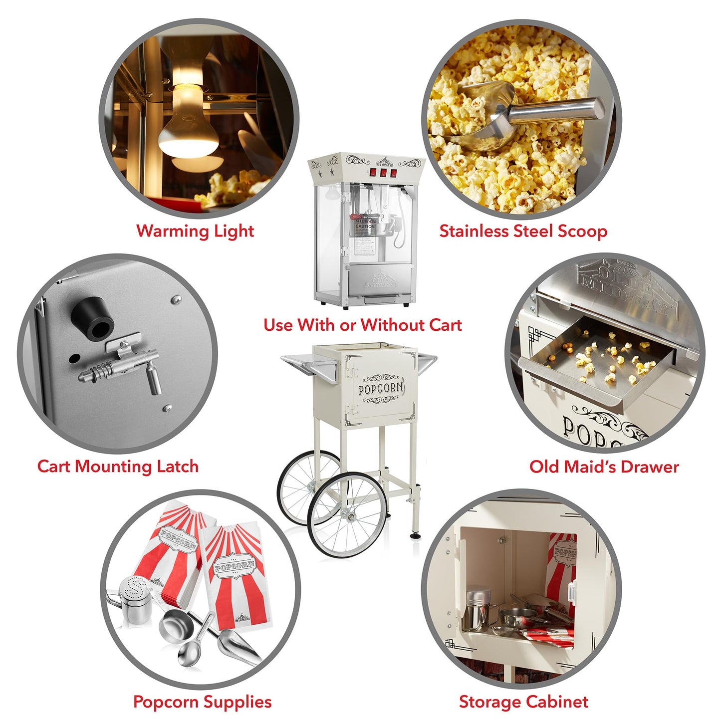 Olde Midway Movie Theater-Style Popcorn Machine Maker with Cart and 10-Ounce Kettle - Red, Vintage-Style Popper on Wheels