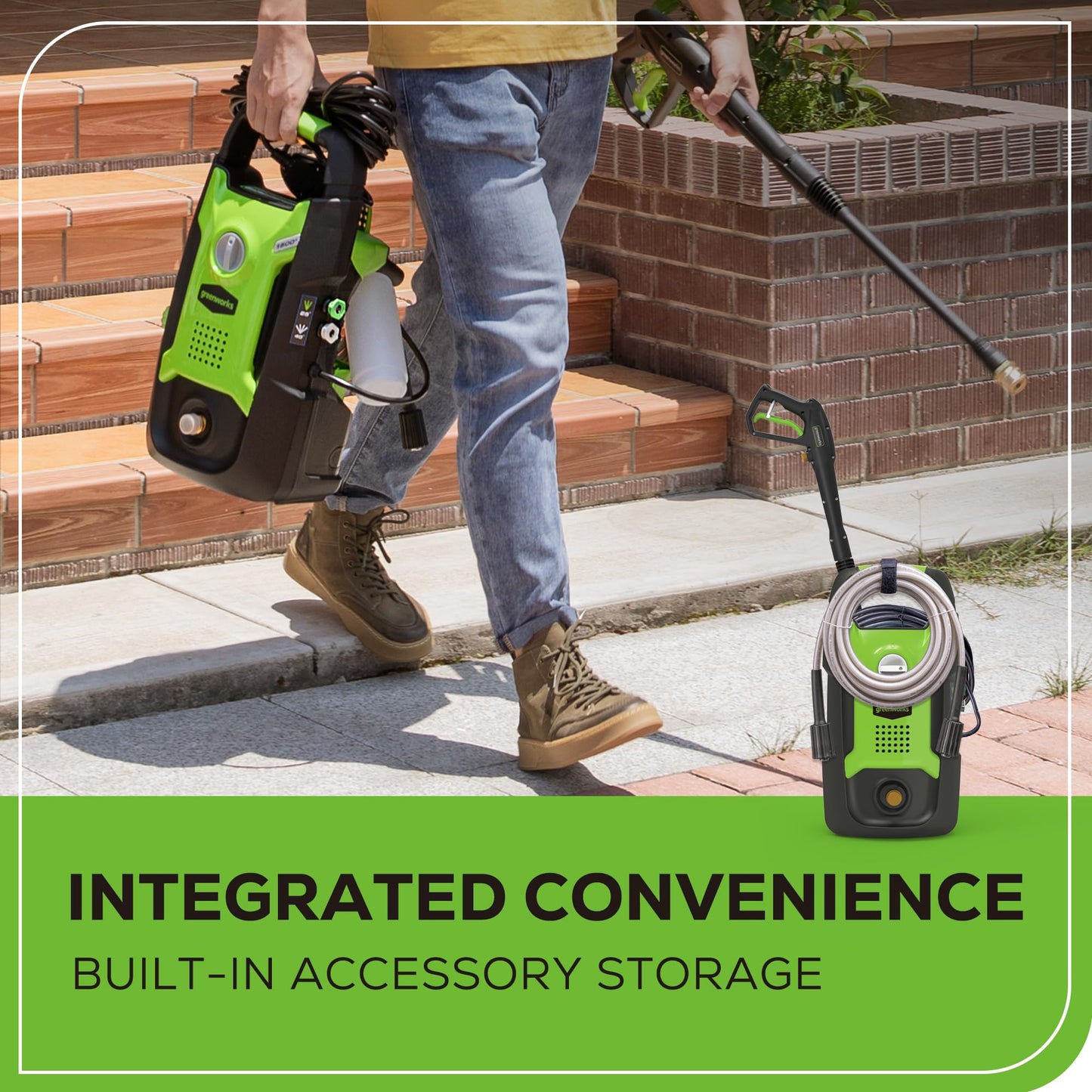 Greenworks Compact Electric Pressure Washer, 1.2 GPM (CSA Certified, Lightweight, 20 FT Tangle-Free Hose, 35 FT Power Cord) Great For Cars, Fences, Patios, Driveways, Decks and Patios