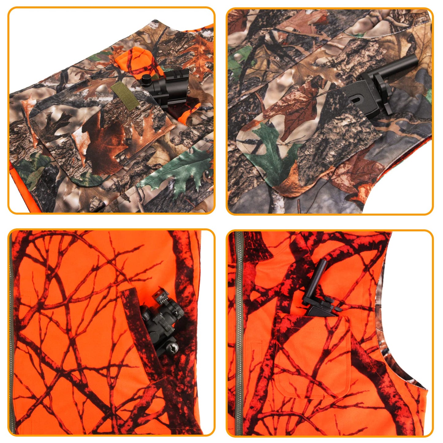GUGULUZA Camo and Orange Hunting Reversible Vest, Game Vest Jacket for Hunting Camping (M-4XL)